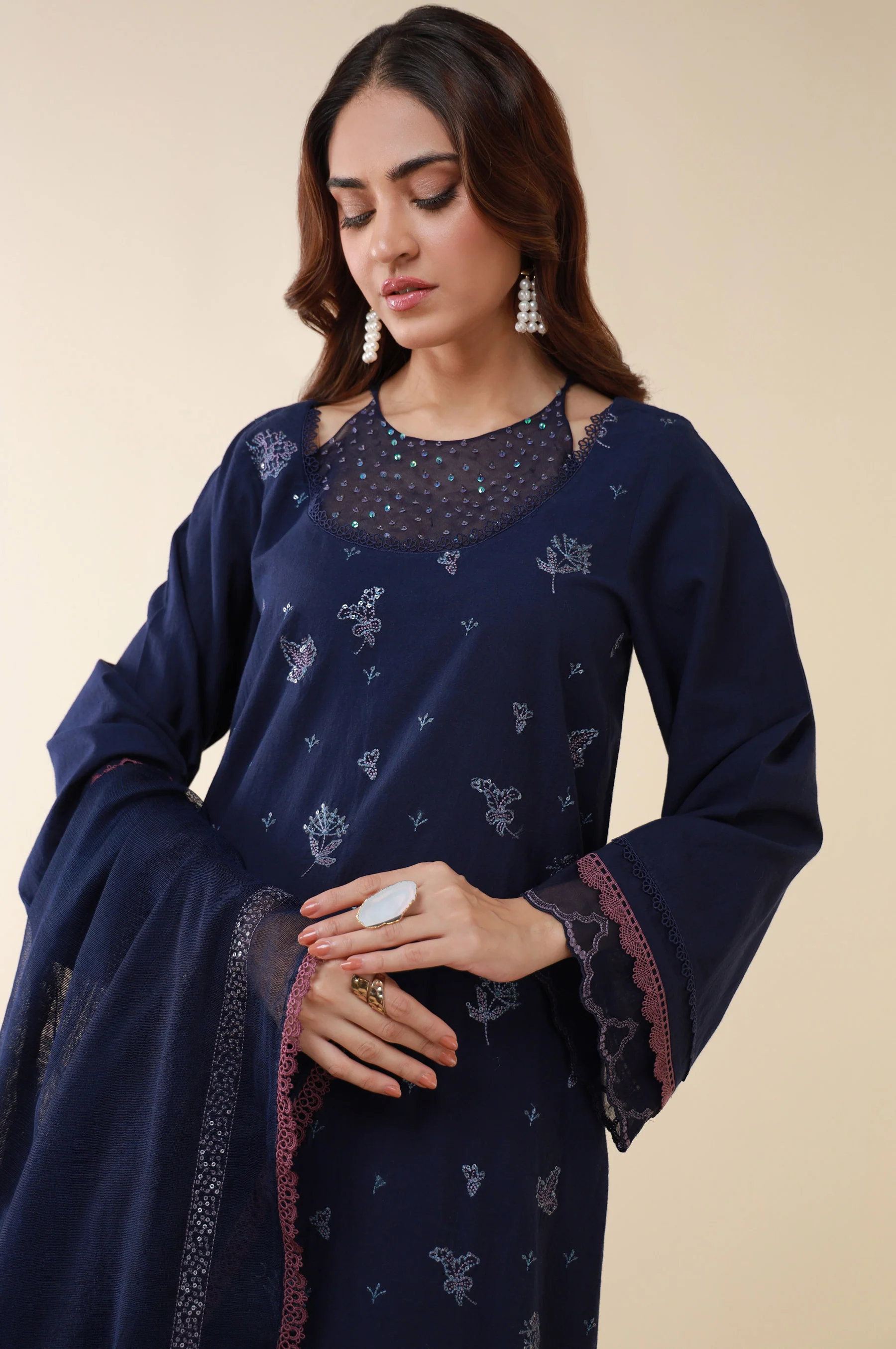 Unstitched 3 Piece Embroidered Cambric Shirt With Viscose Net Dupatta - Image 2