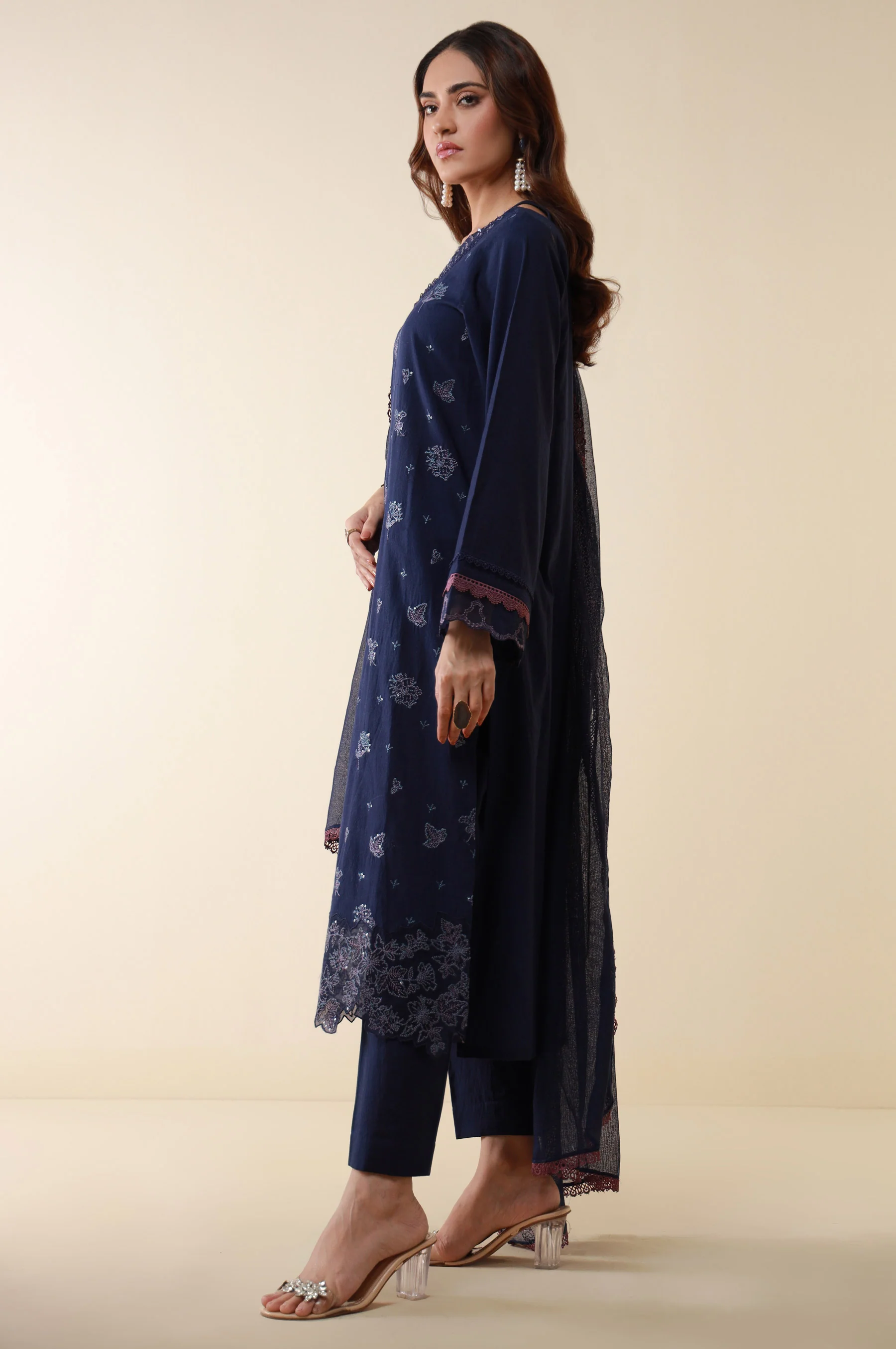 Unstitched 3 Piece Embroidered Cambric Shirt With Viscose Net Dupatta - Image 3