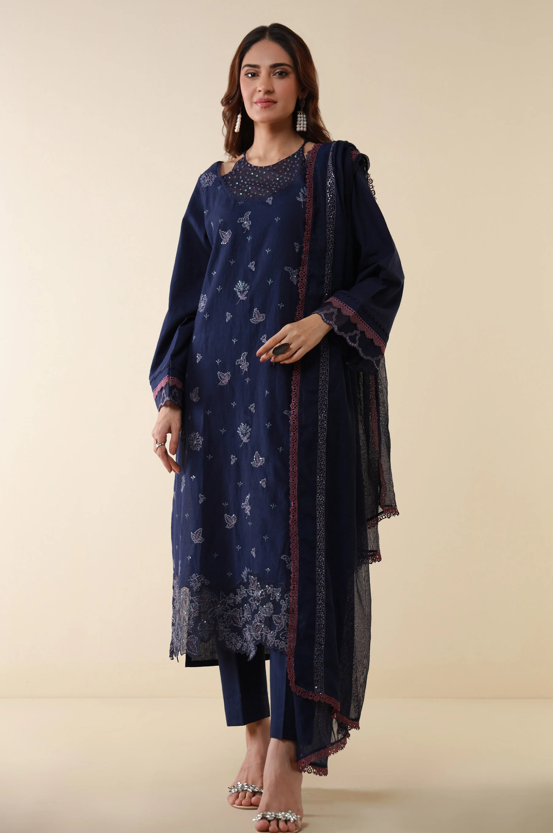 Unstitched 3 Piece Embroidered Cambric Shirt With Viscose Net Dupatta - Image 4