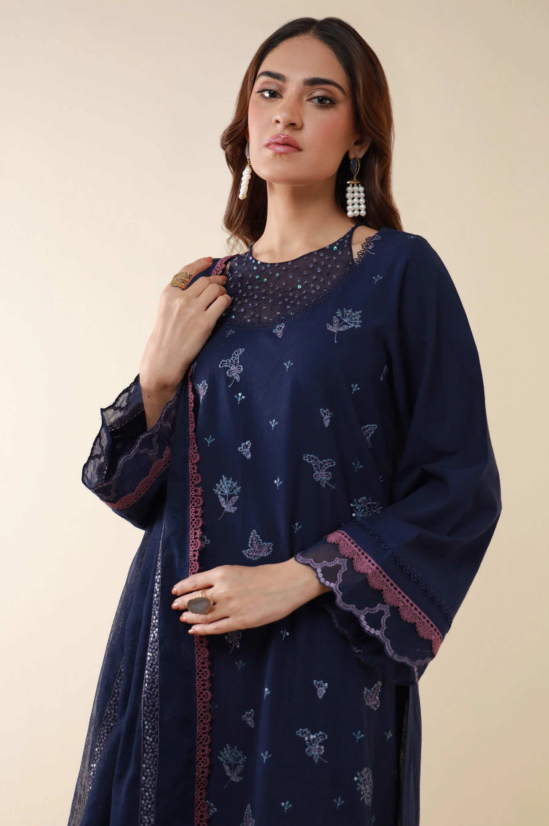 Unstitched 3 Piece Embroidered Cambric Shirt With Viscose Net Dupatta - Image 5