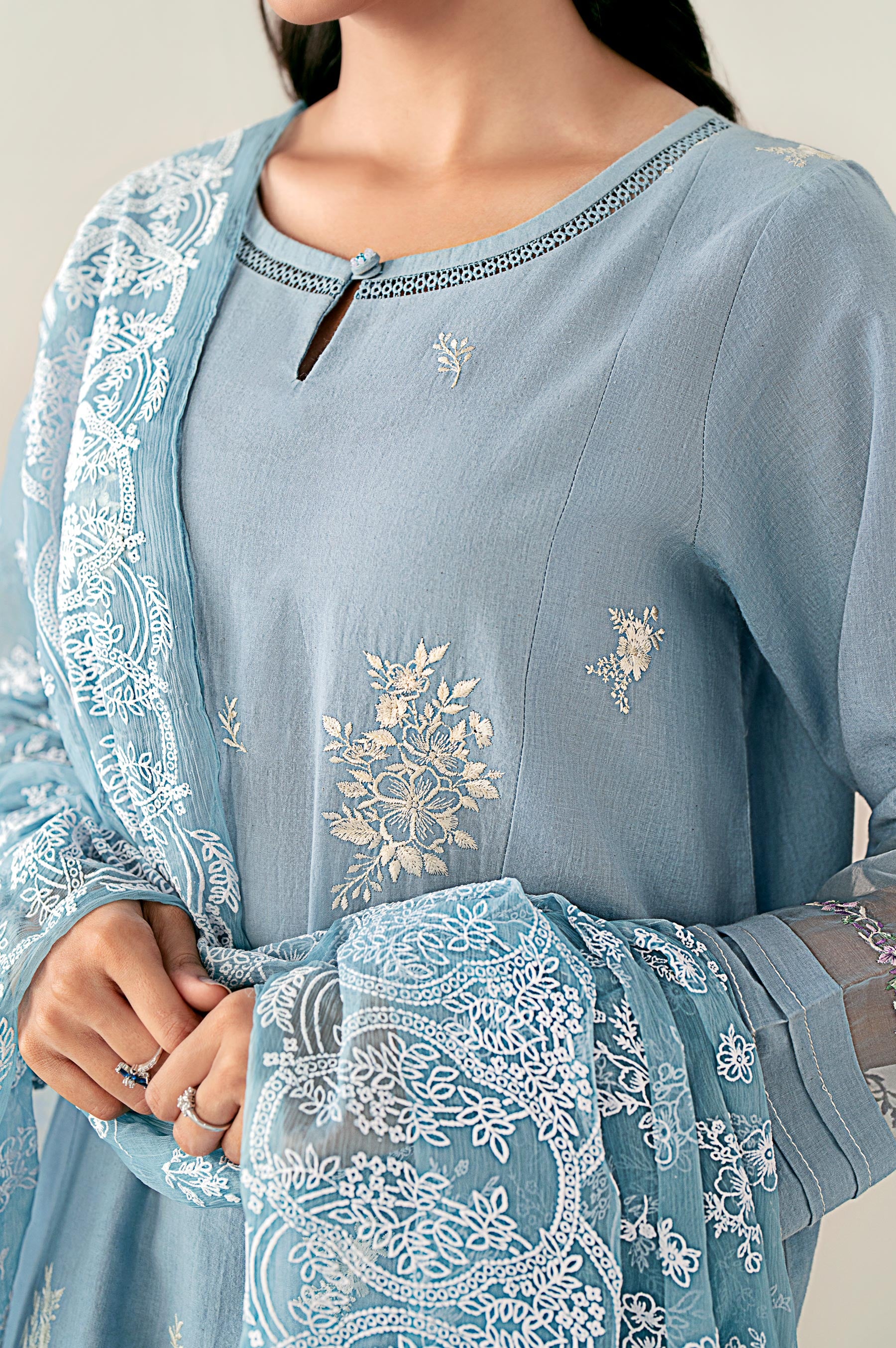Unstitched 3 Piece Embroidered Cambric Shirt with Puff Print Chiffon Dupatta - Image 4
