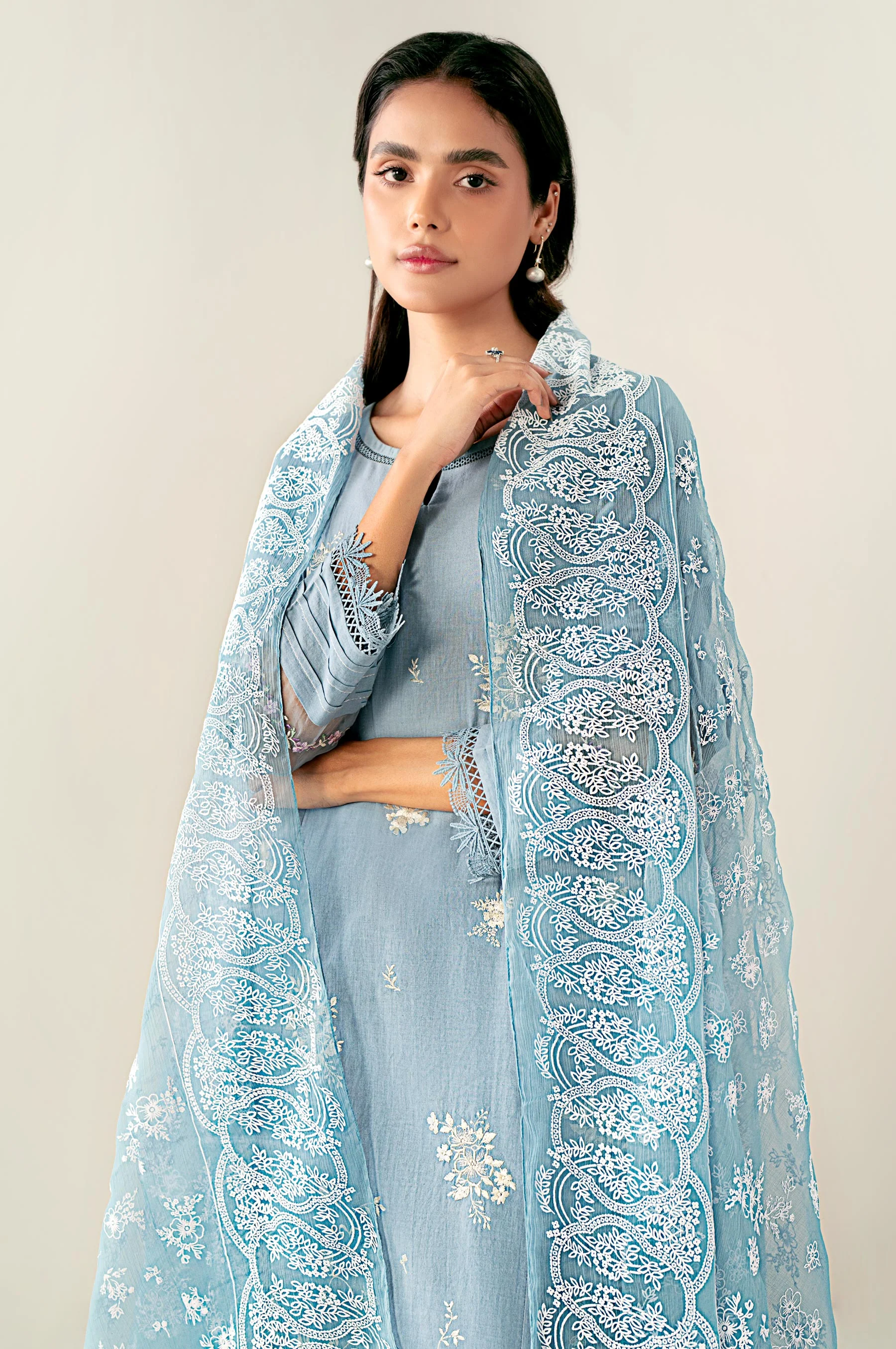 Unstitched 3 Piece Embroidered Cambric Shirt with Puff Print Chiffon Dupatta - Image 5