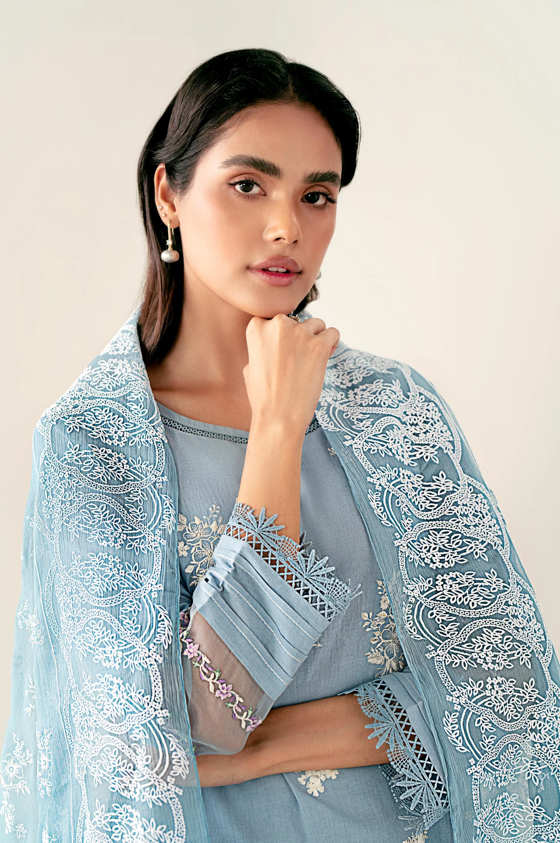 Unstitched 3 Piece Embroidered Cambric Shirt with Puff Print Chiffon Dupatta - Image 6