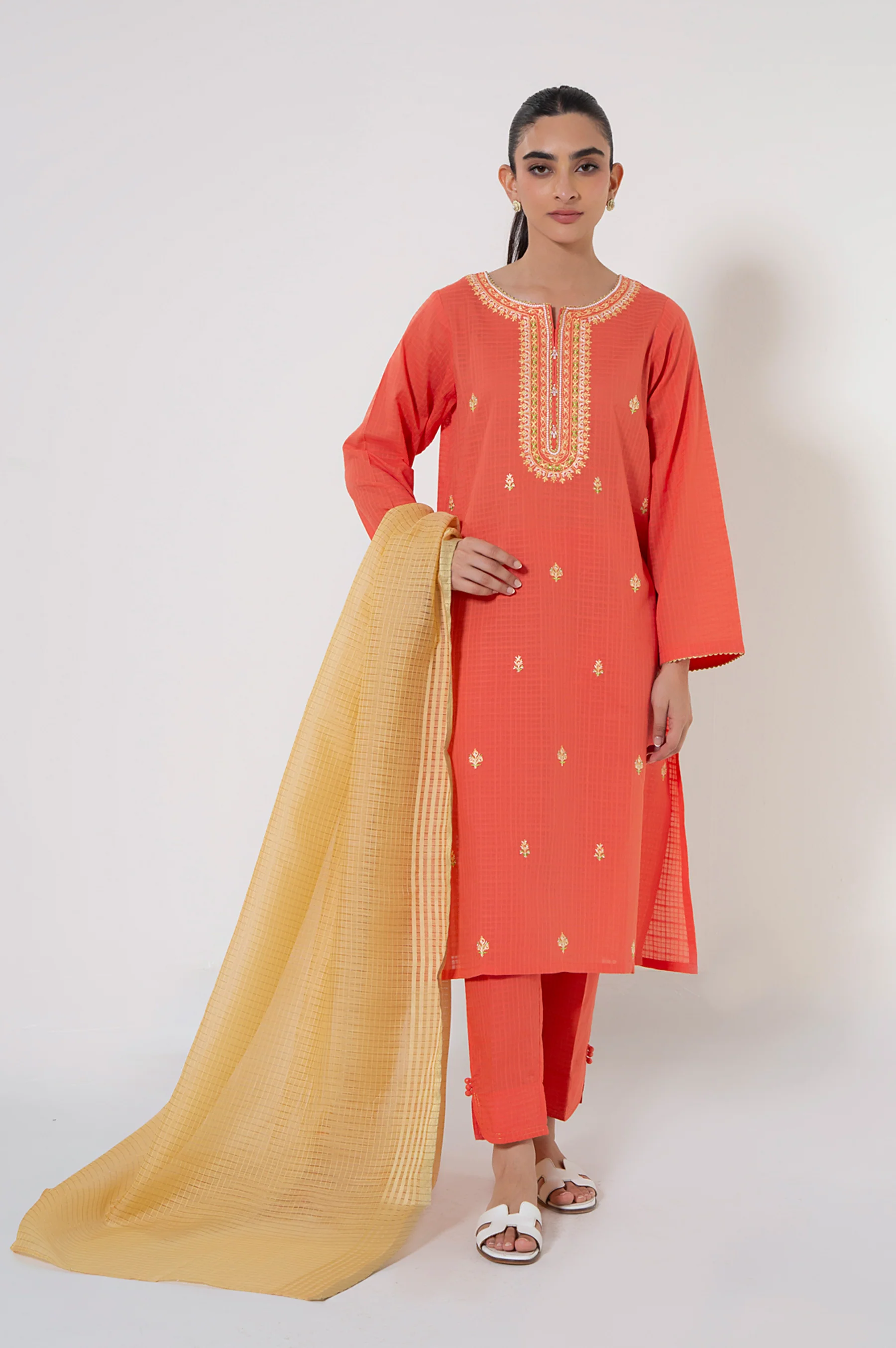 Unstitched 3 Piece Embroidered Checkered Suit