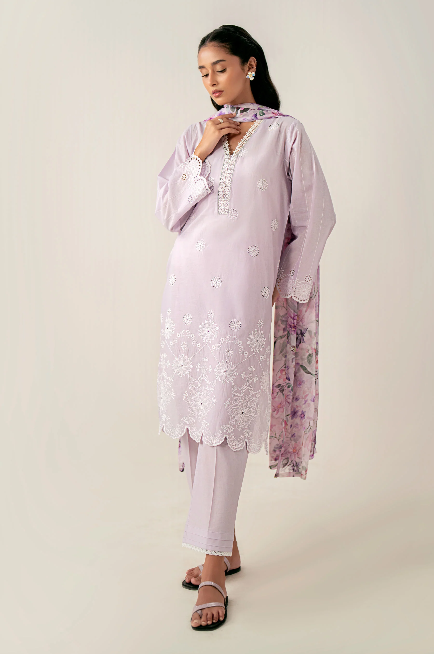 Unstitched 3 Piece Embroidered Chikankari Lawn Suit - Image 4