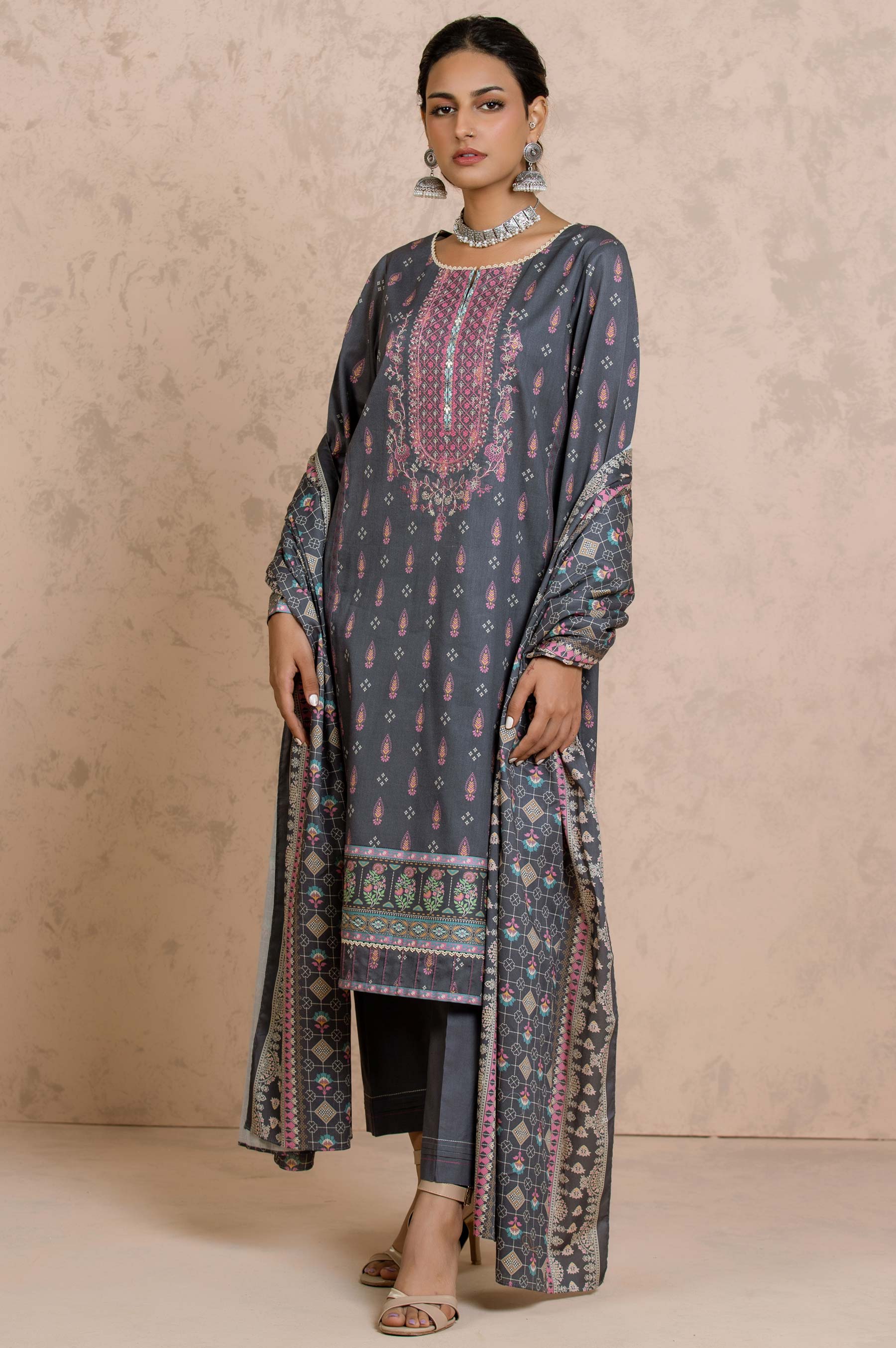 Unstitched 3 Piece Embroidered Cottel Suit