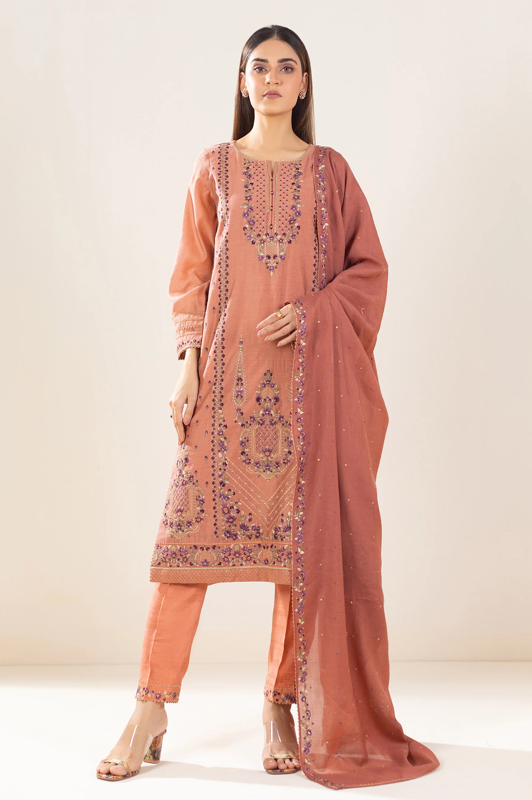 Unstitched 3 Piece Embroidered Cotton Net Suit - Image 9