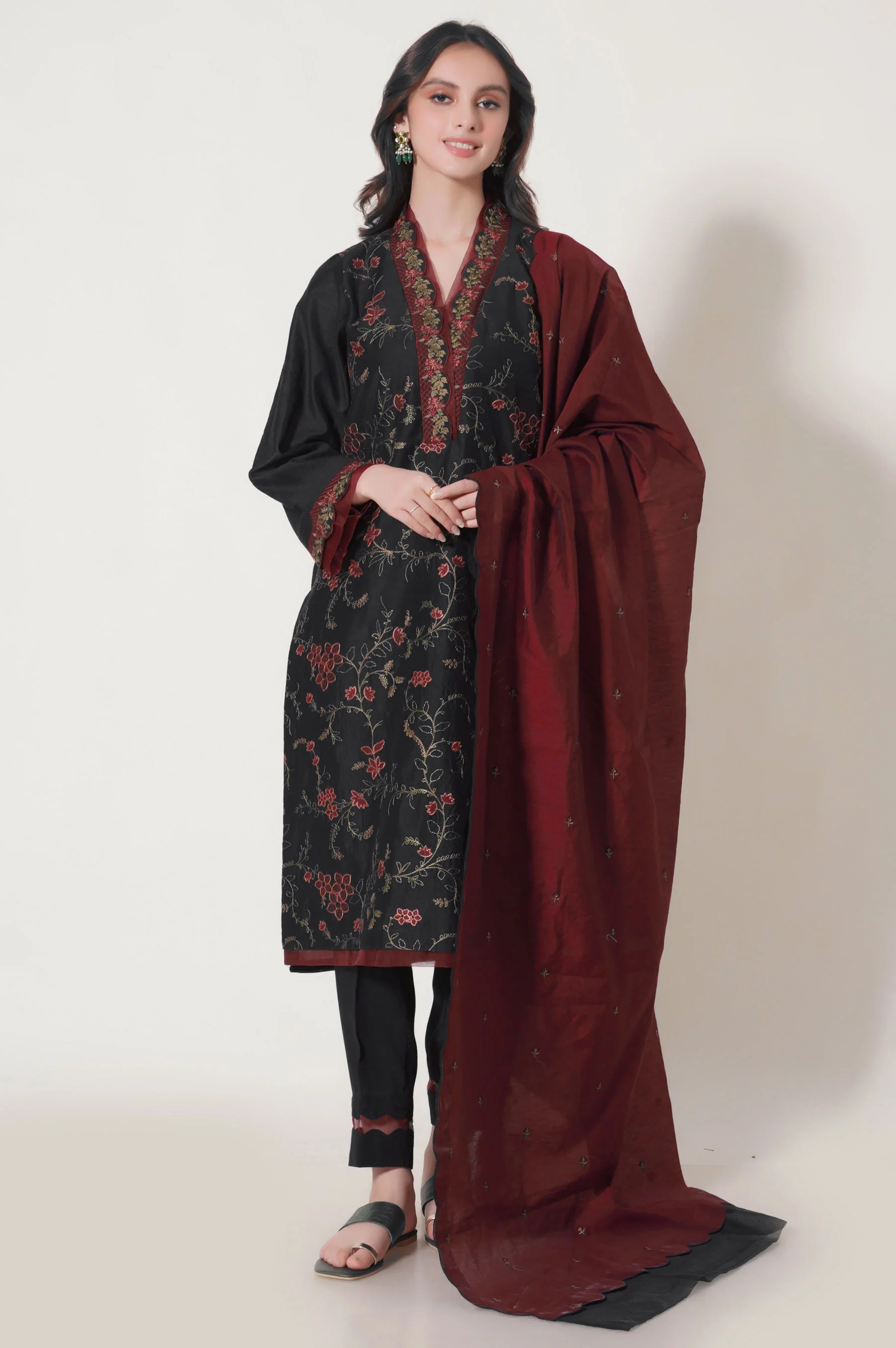 Unstitched 3 Piece Embroidered Cotton Net Suit - Image 7