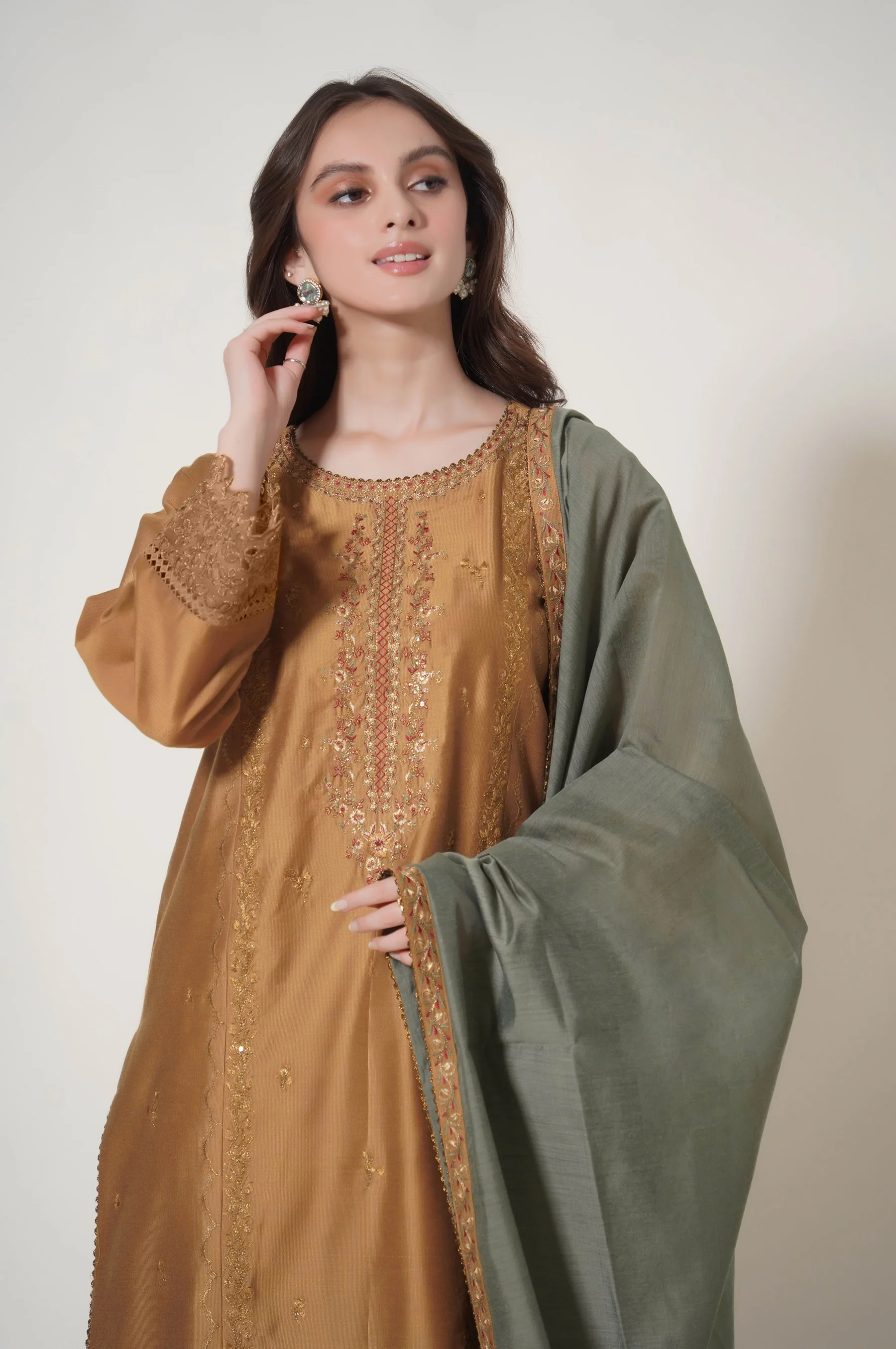 Unstitched 3 Piece Embroidered Cotton Net Suit - Image 2
