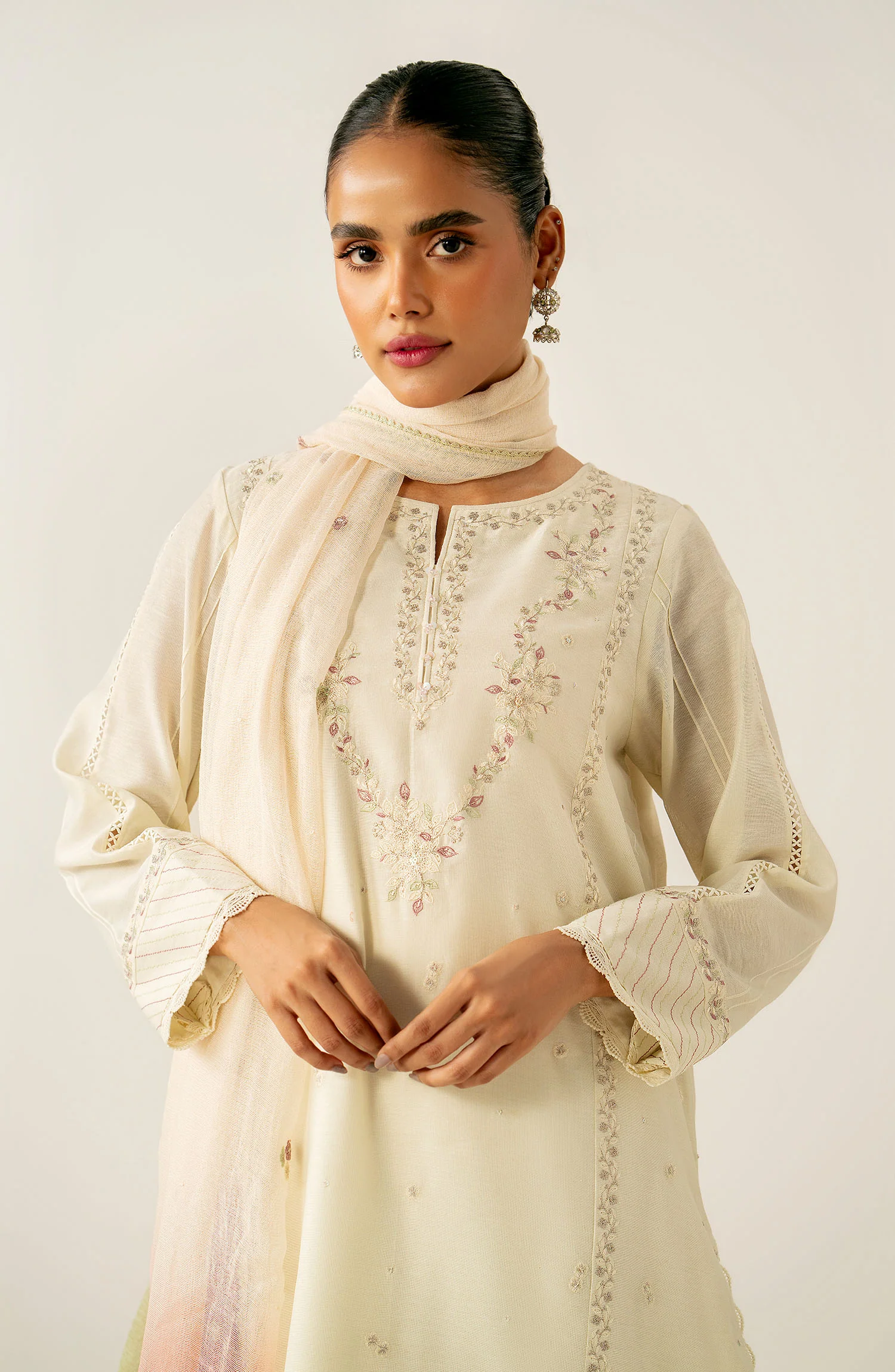 Unstitched 3 Piece Embroidered Cotton Net Suit - Image 2