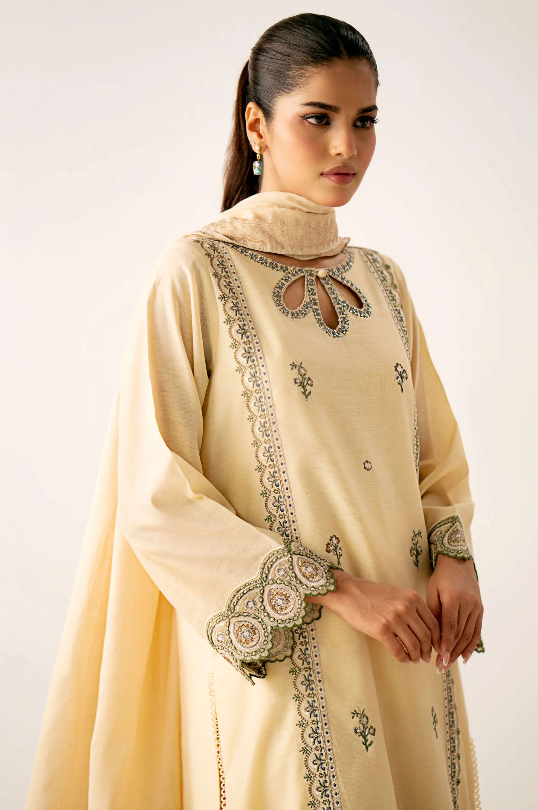 Unstitched 3 Piece Embroidered Cotton Net Suit - Image 2