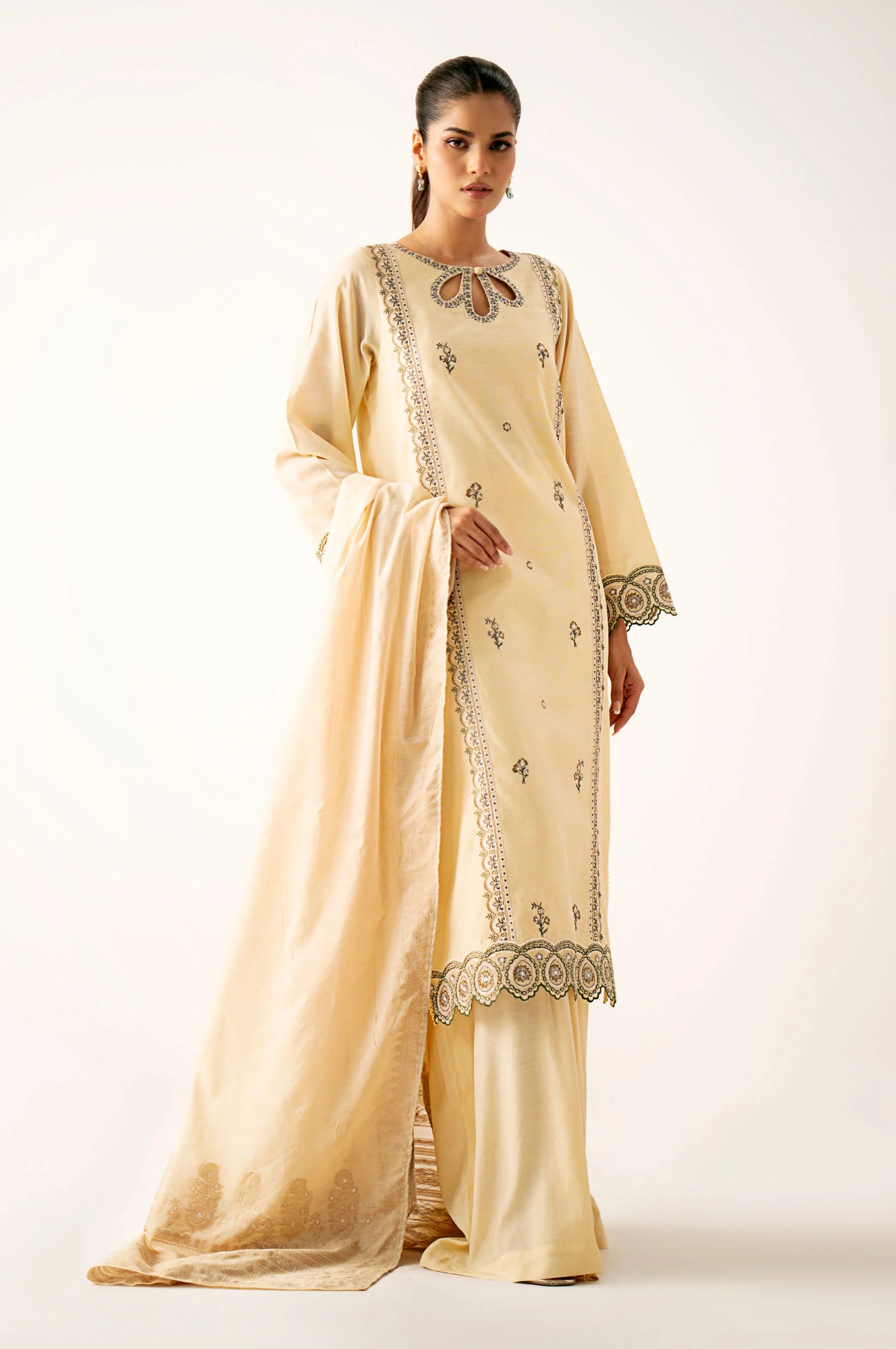 Unstitched 3 Piece Embroidered Cotton Net Suit - Image 3