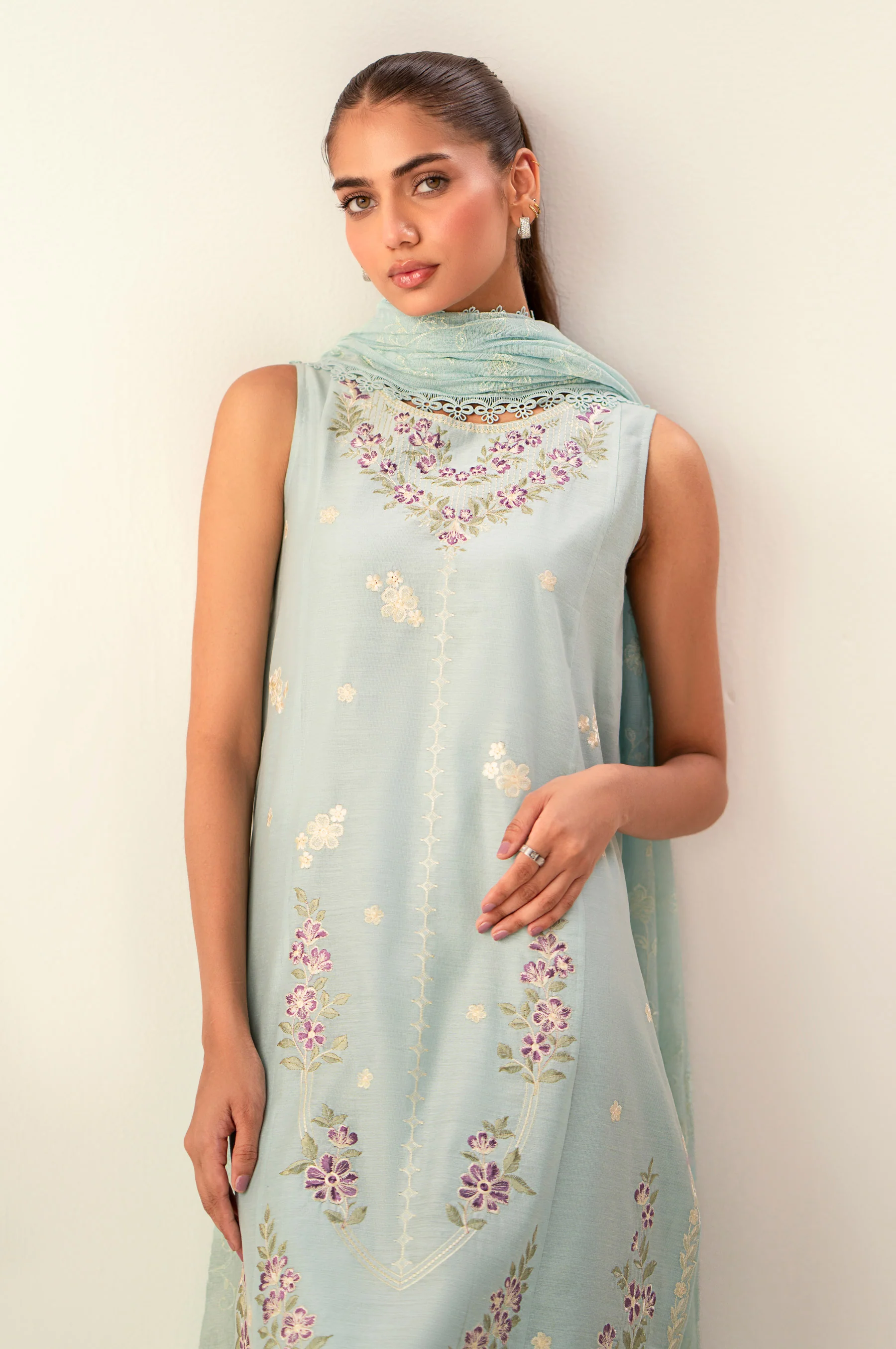 Unstitched 3 Piece Embroidered Cotton Net Suit - Image 2