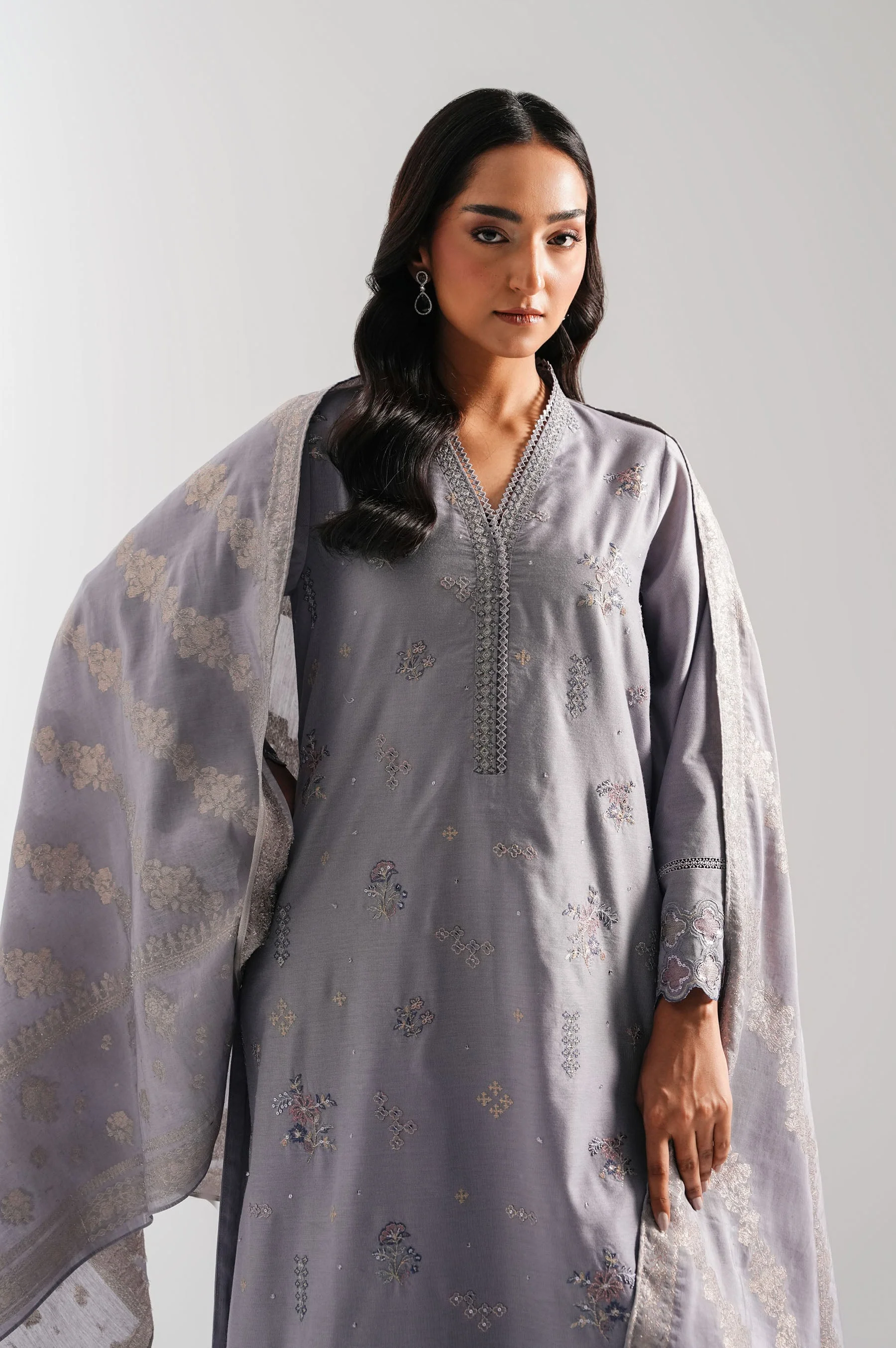 EMBROIDERED COTTON NET UNSTITCHED 3 PIECE SUIT (FACTORY E-OUTLET) - Image 2
