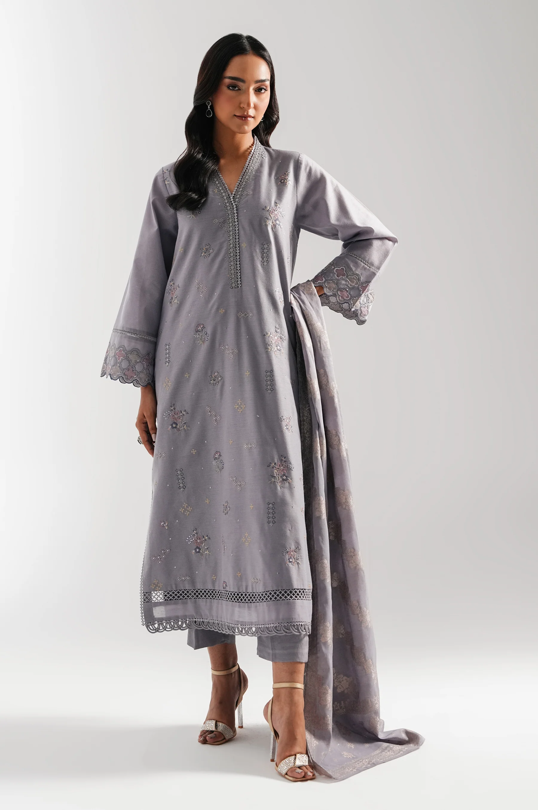 EMBROIDERED COTTON NET UNSTITCHED 3 PIECE SUIT - Image 3