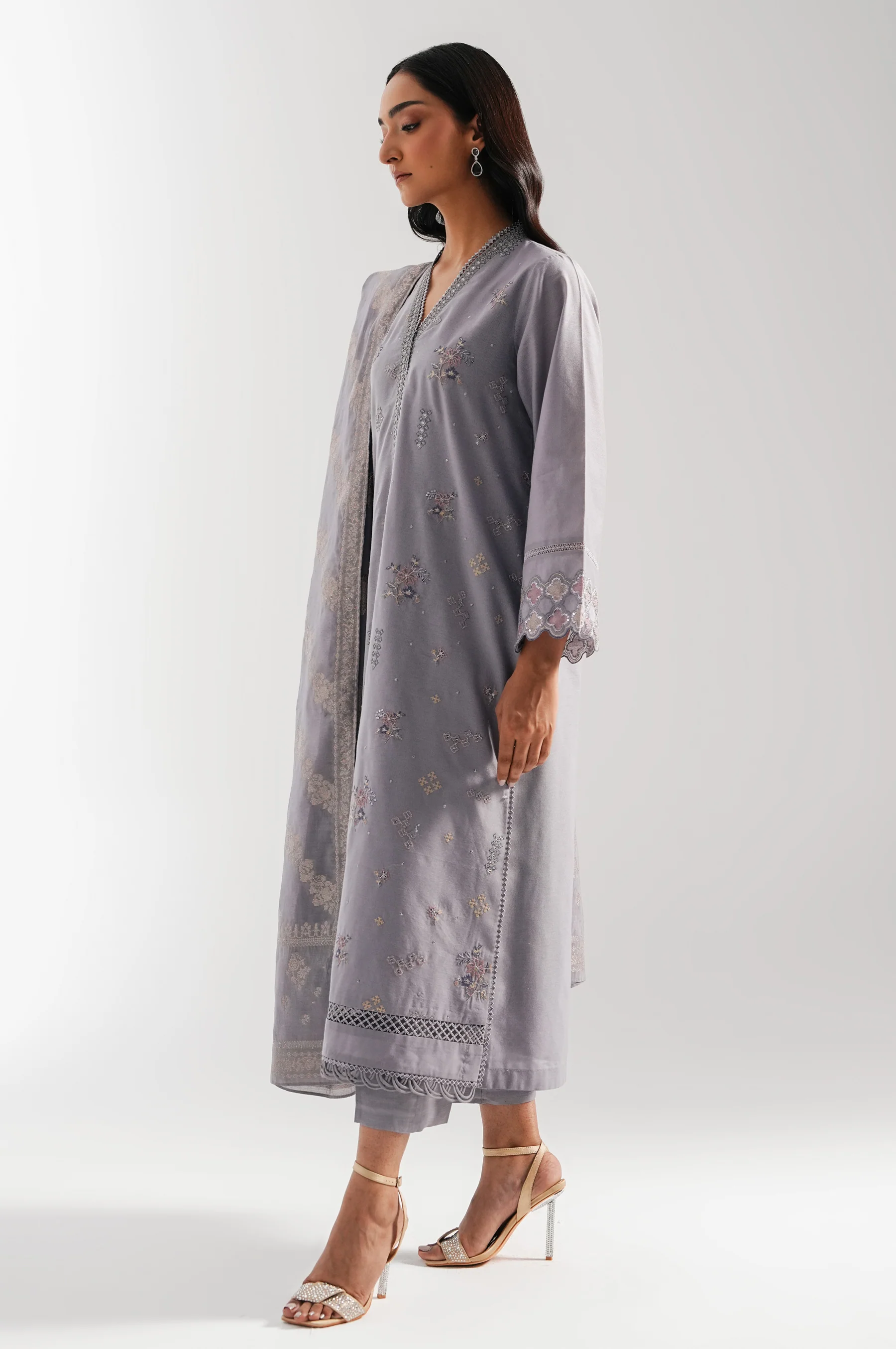 EMBROIDERED COTTON NET UNSTITCHED 3 PIECE SUIT - Image 5