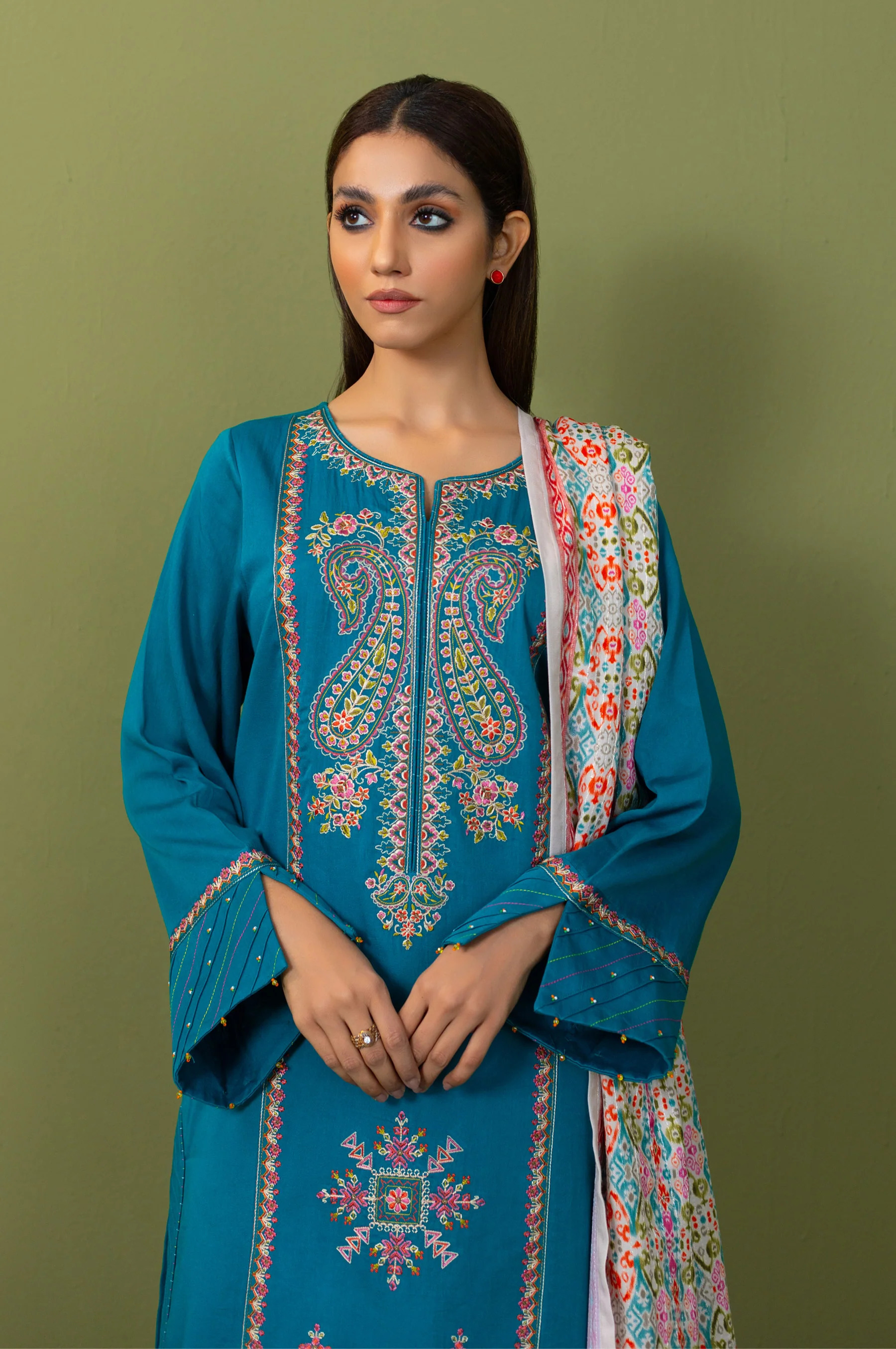 Unstitched 3 Piece Embroidered Cotton Satin Suit - Image 2
