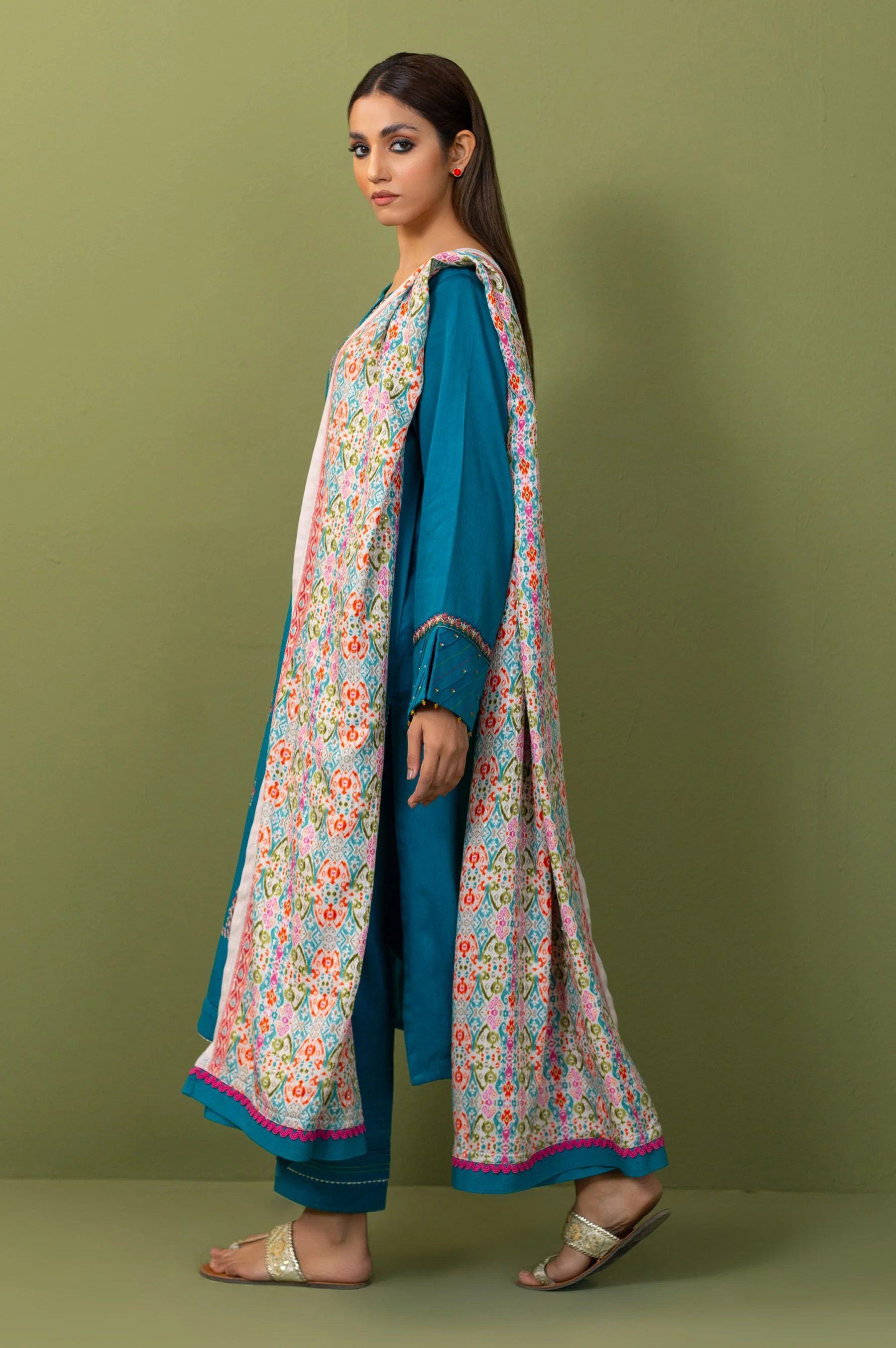 Unstitched 3 Piece Embroidered Cotton Satin Suit - Image 3