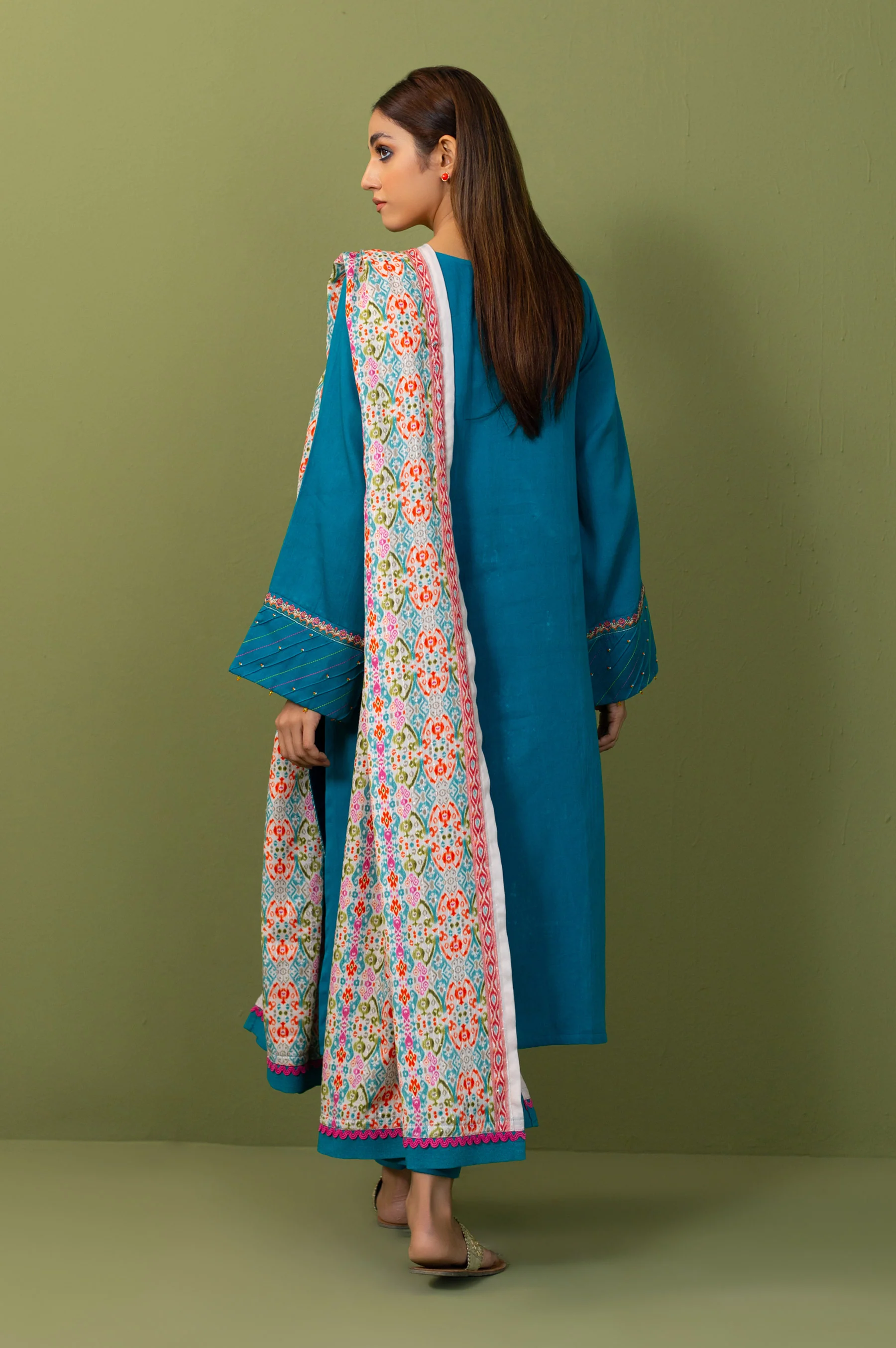 Unstitched 3 Piece Embroidered Cotton Satin Suit - Image 4
