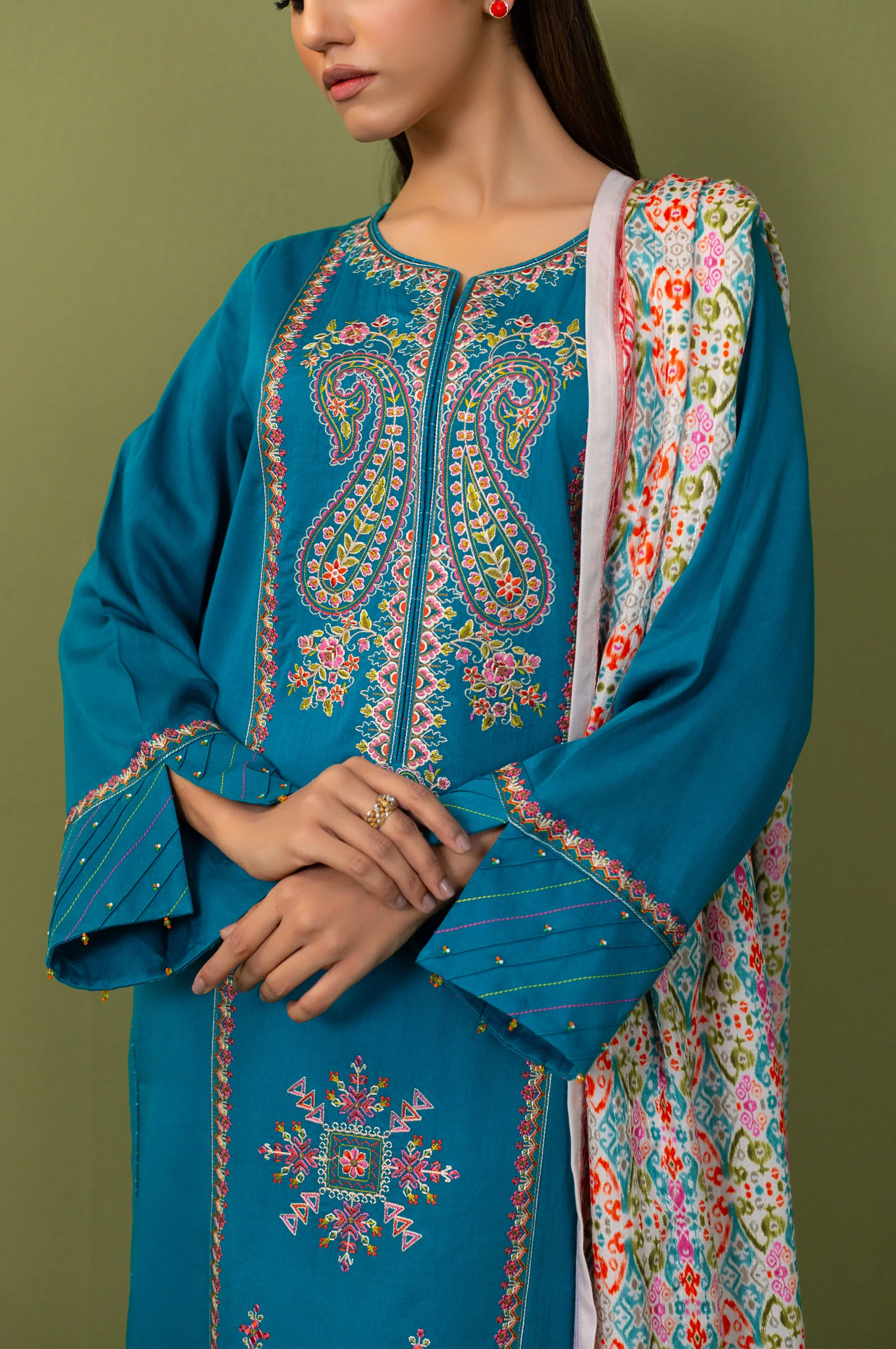 Unstitched 3 Piece Embroidered Cotton Satin Suit - Image 5