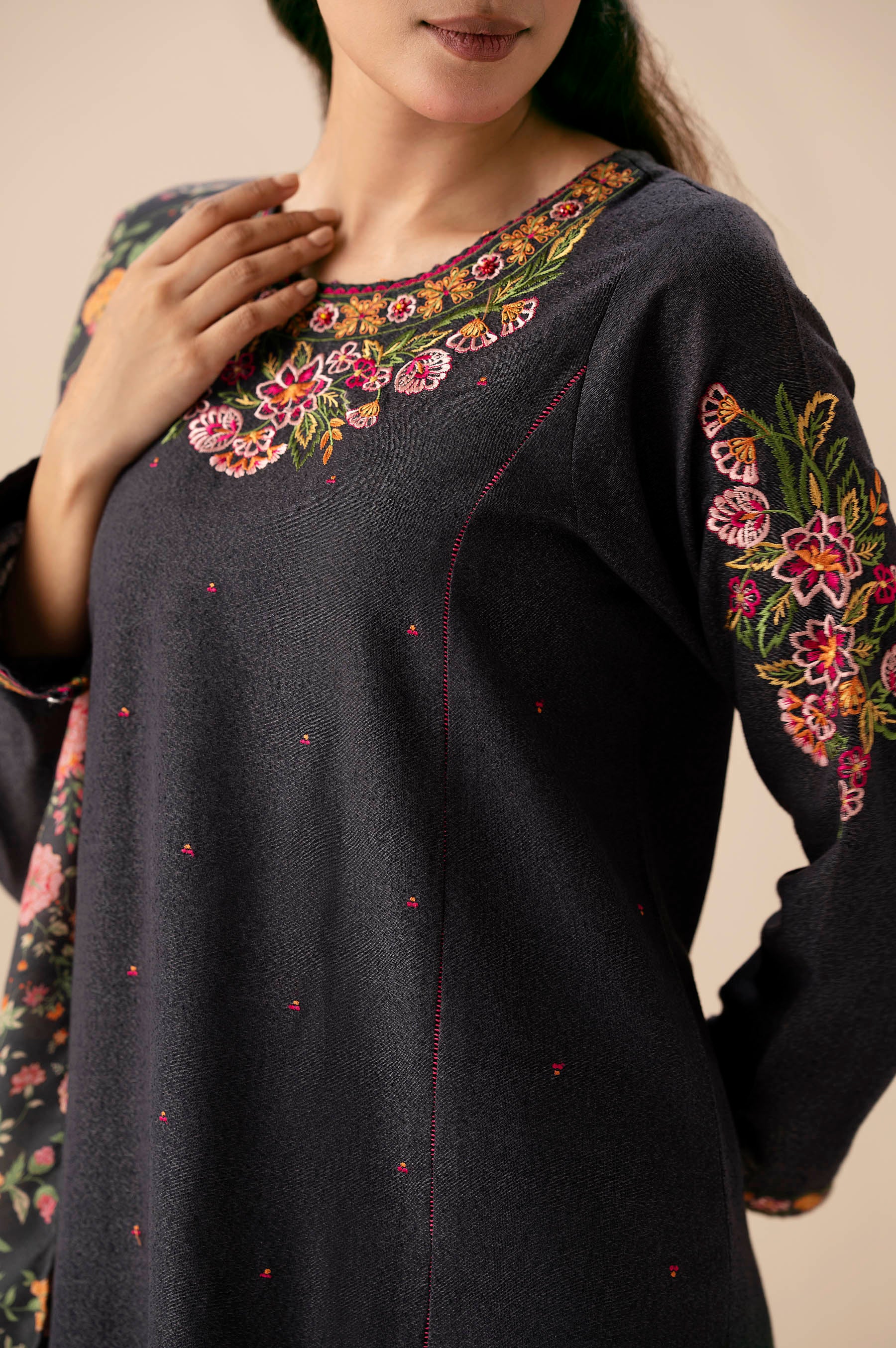 Unstitched 3 Piece Embroidered Cotton Satin Suit - Image 2
