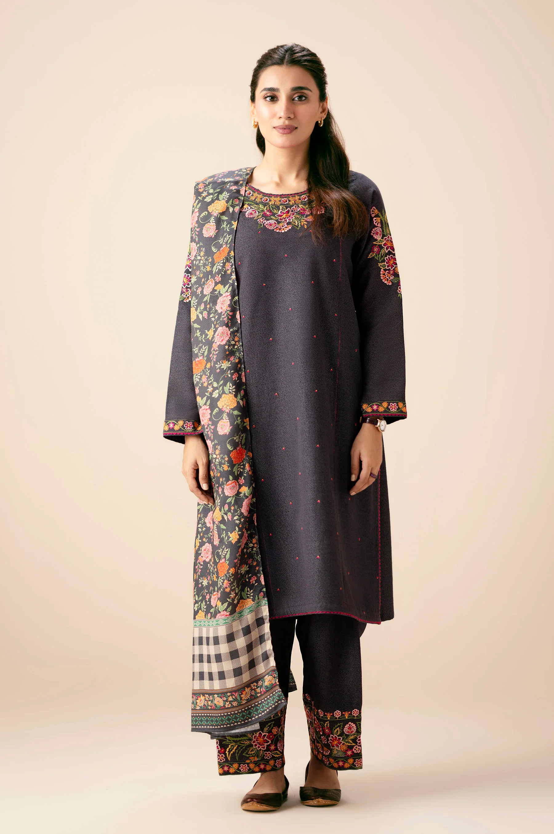 Unstitched 3 Piece Embroidered Cotton Satin Suit - Image 3