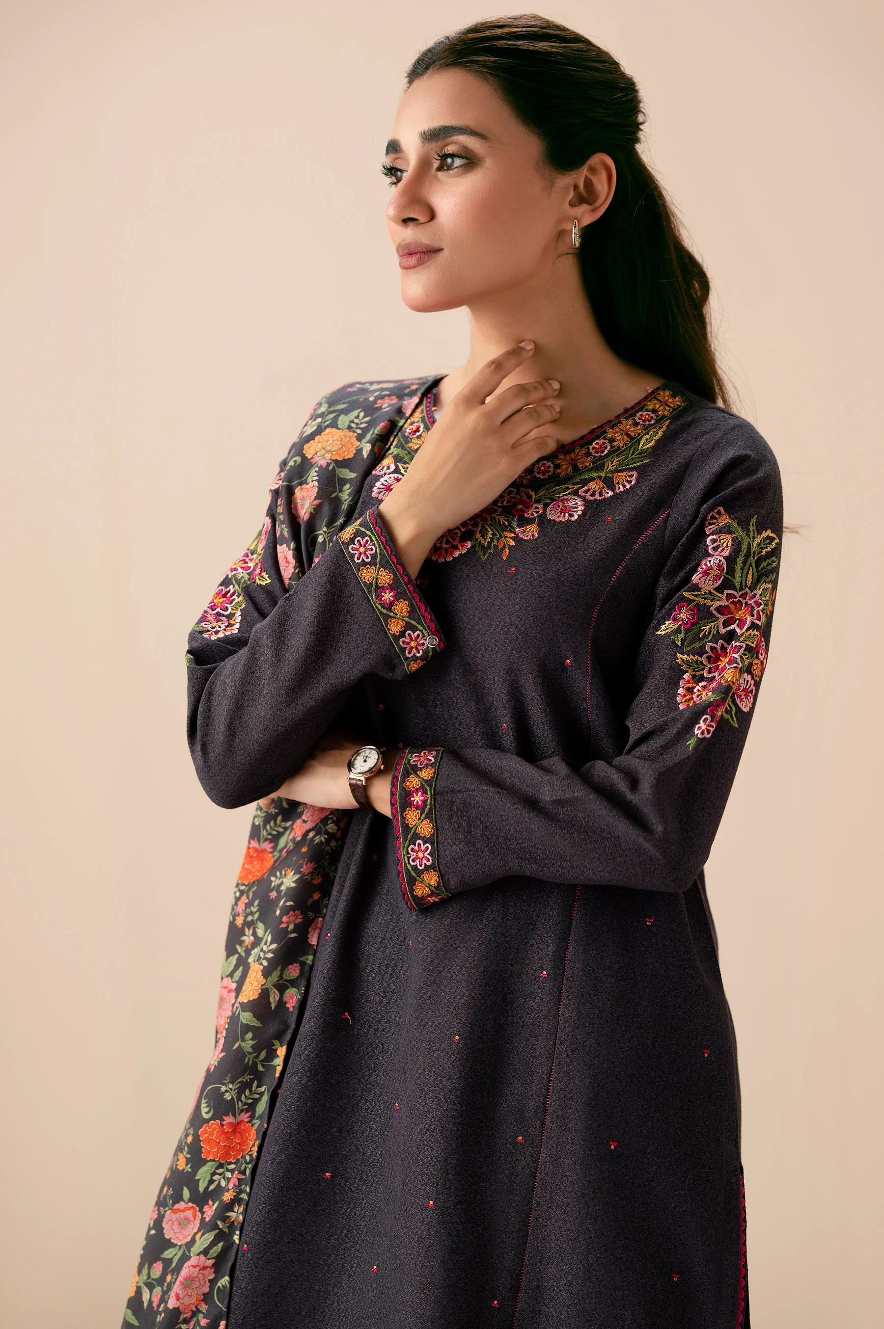 Unstitched 3 Piece Embroidered Cotton Satin Suit - Image 4