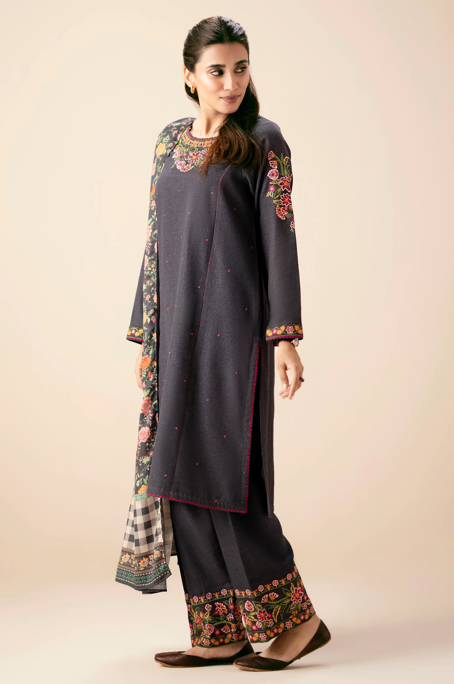 Unstitched 3 Piece Embroidered Cotton Satin Suit - Image 5