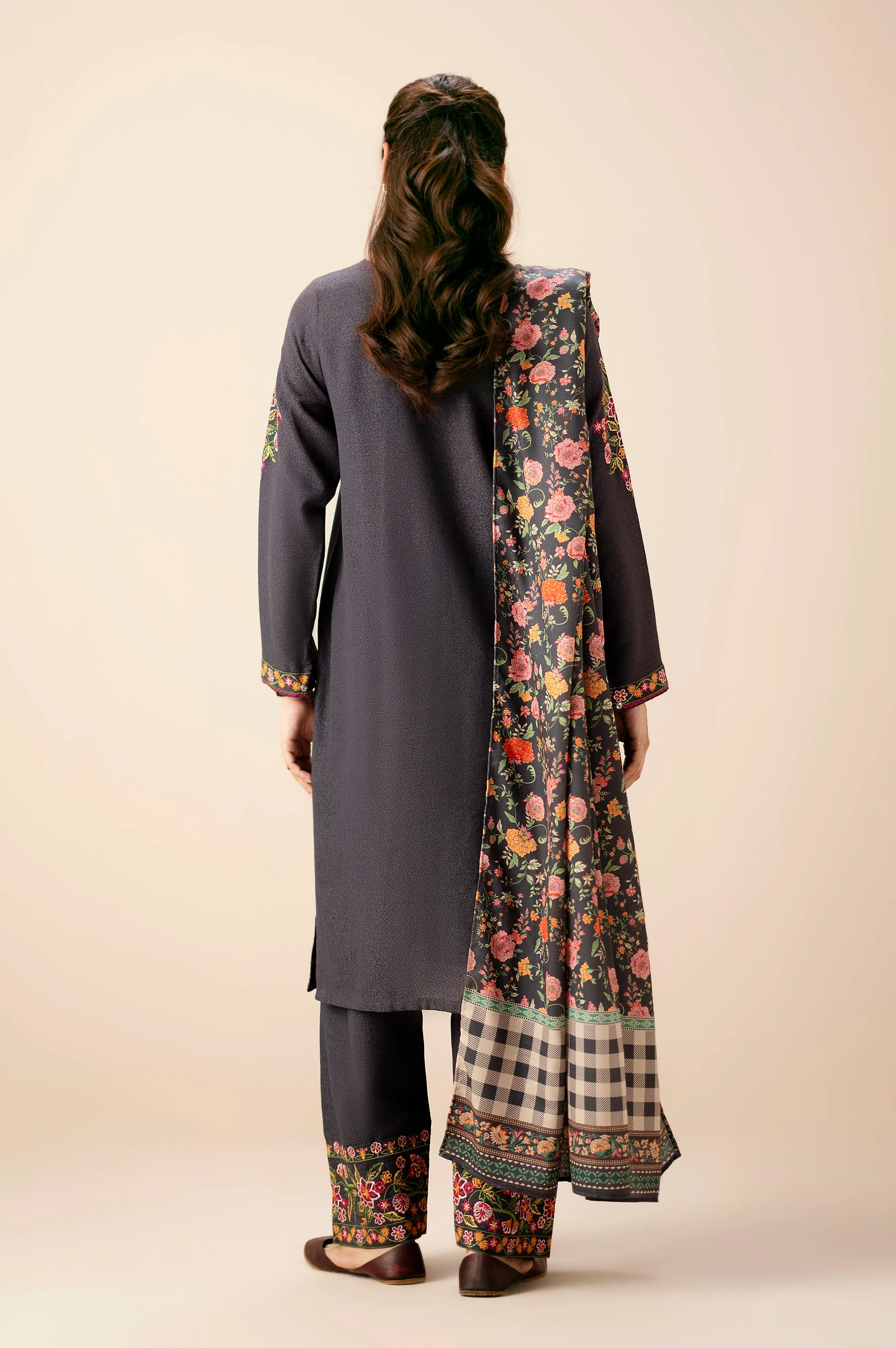 Unstitched 3 Piece Embroidered Cotton Satin Suit - Image 6