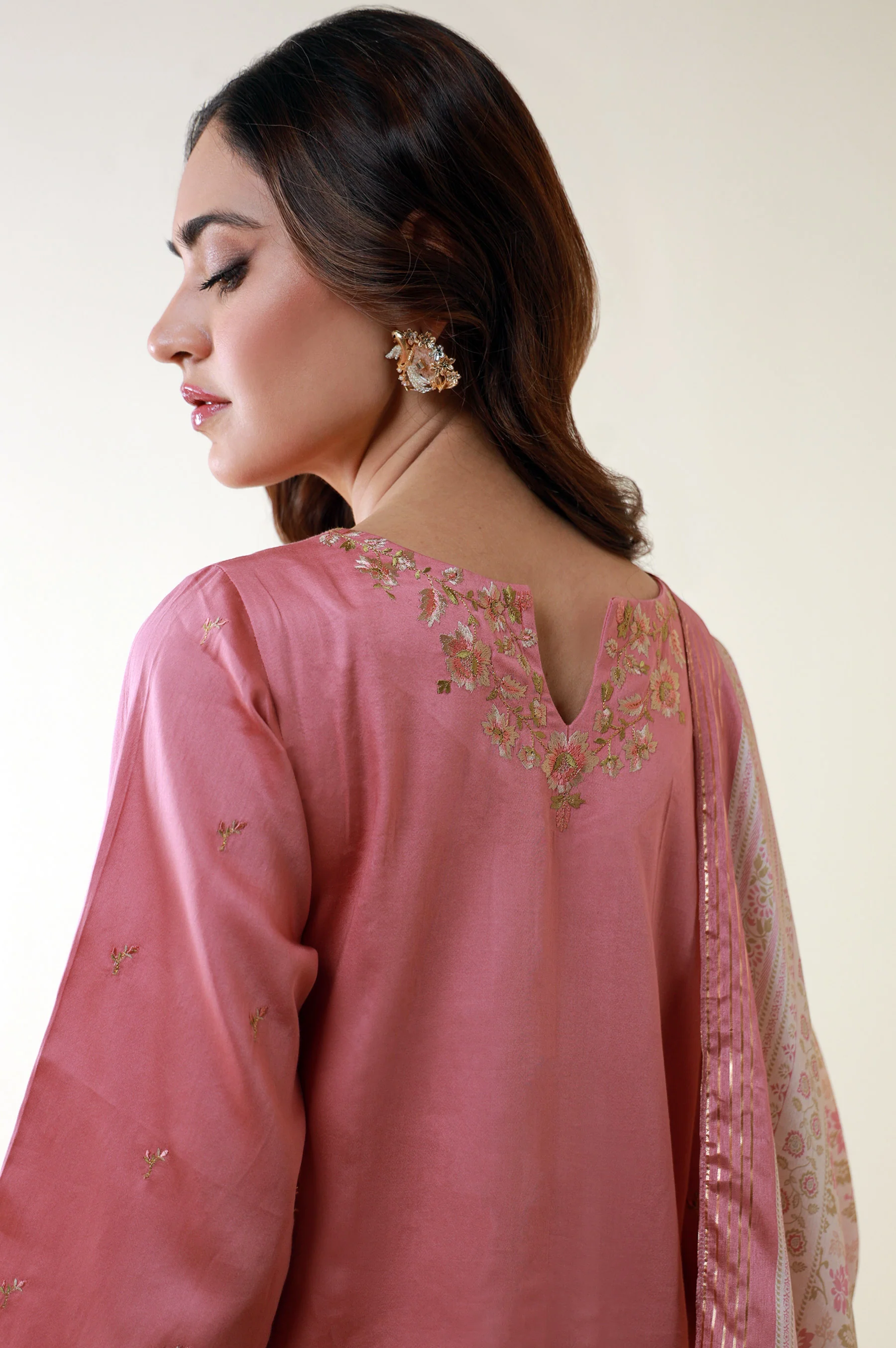 Unstitched 3 Piece Embroidered Cotton Satin Suit - Image 4