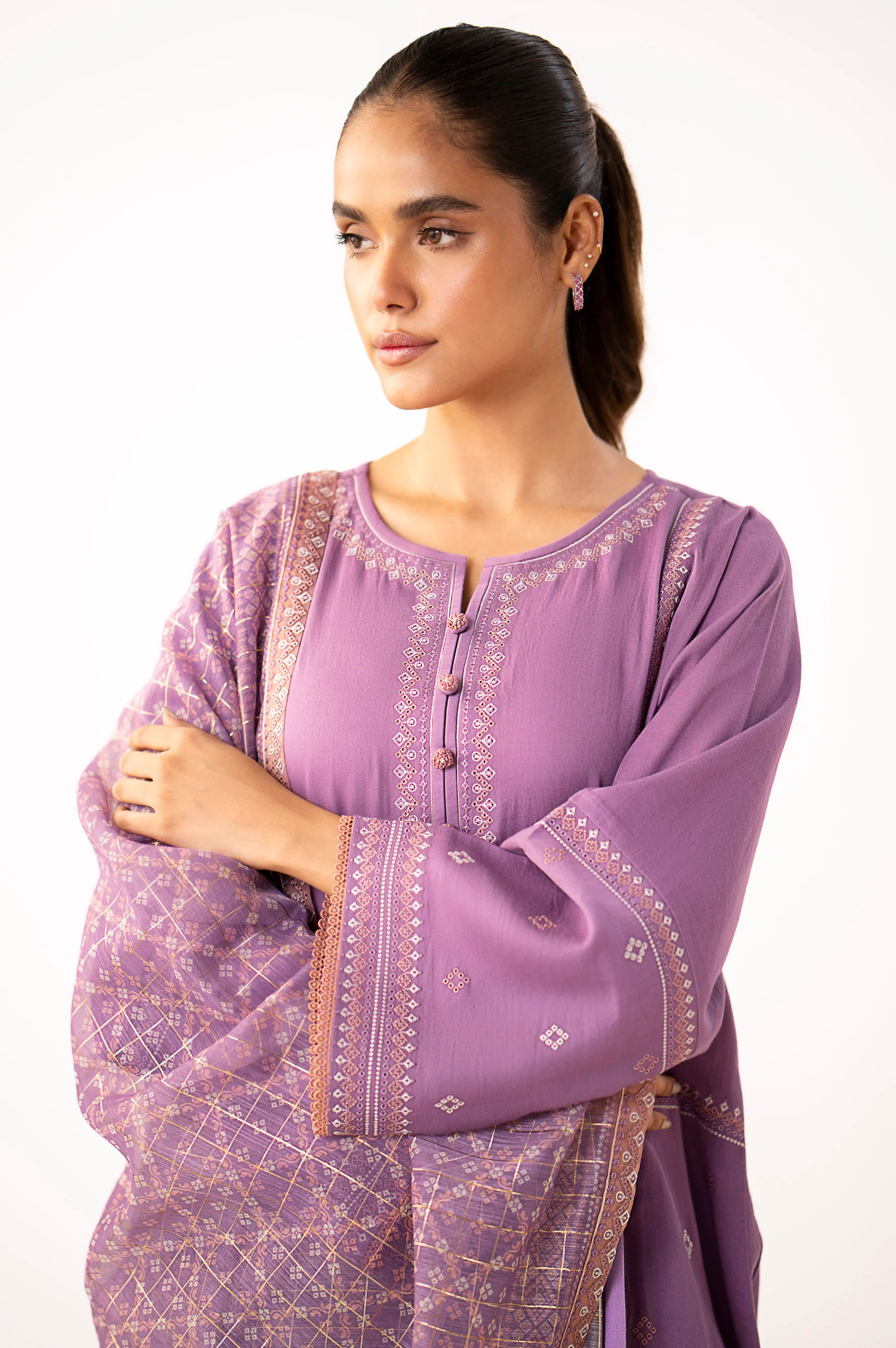 Unstitched 3 Piece Embroidered Cotton Satin Suit - Image 2
