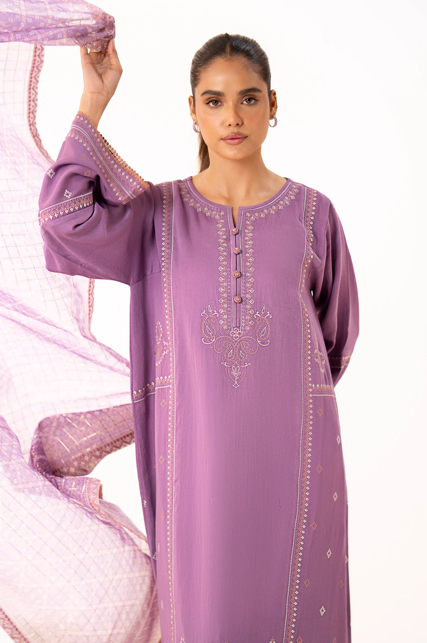 Unstitched 3 Piece Embroidered Cotton Satin Suit - Image 3