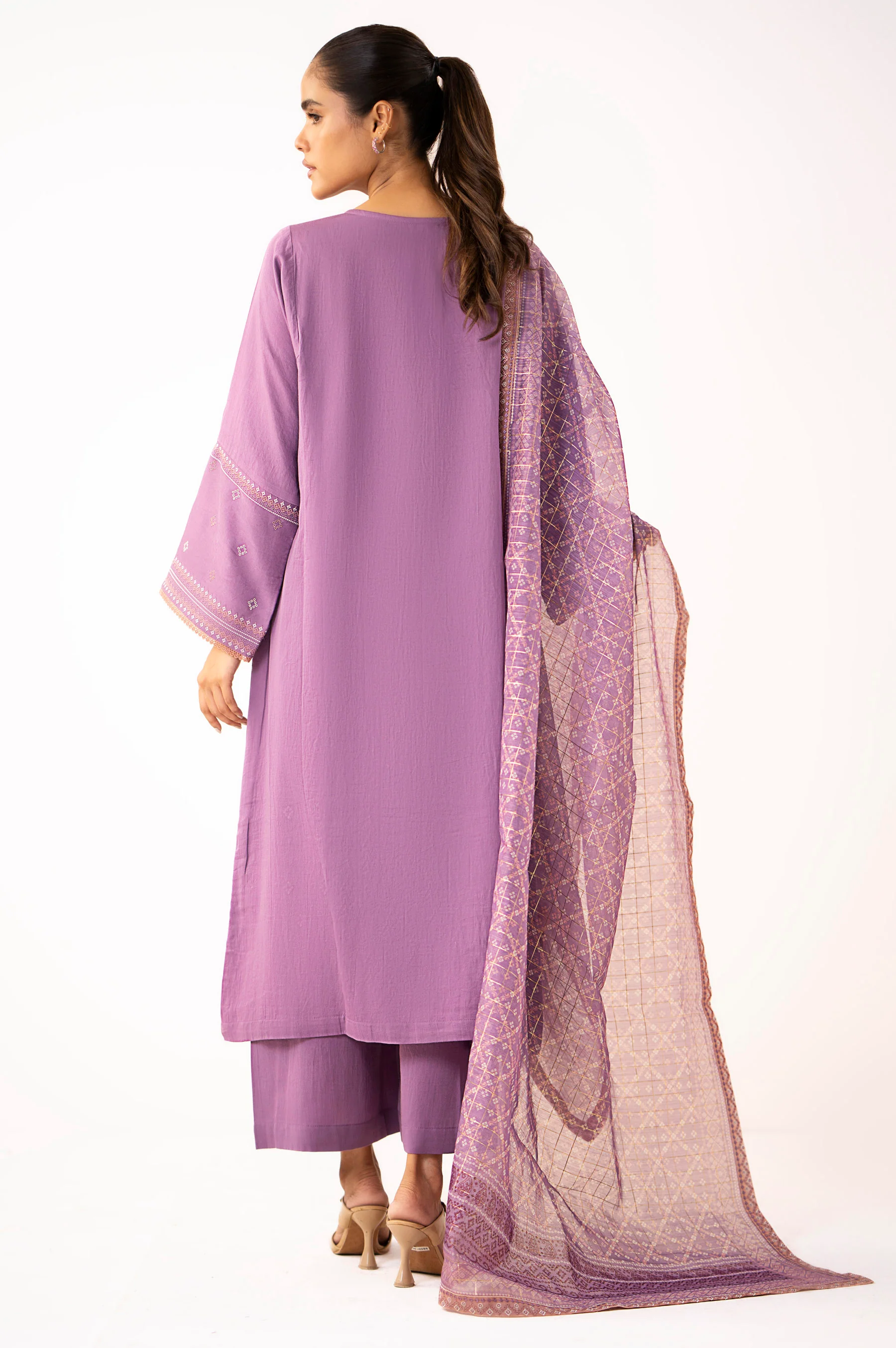 Unstitched 3 Piece Embroidered Cotton Satin Suit - Image 4