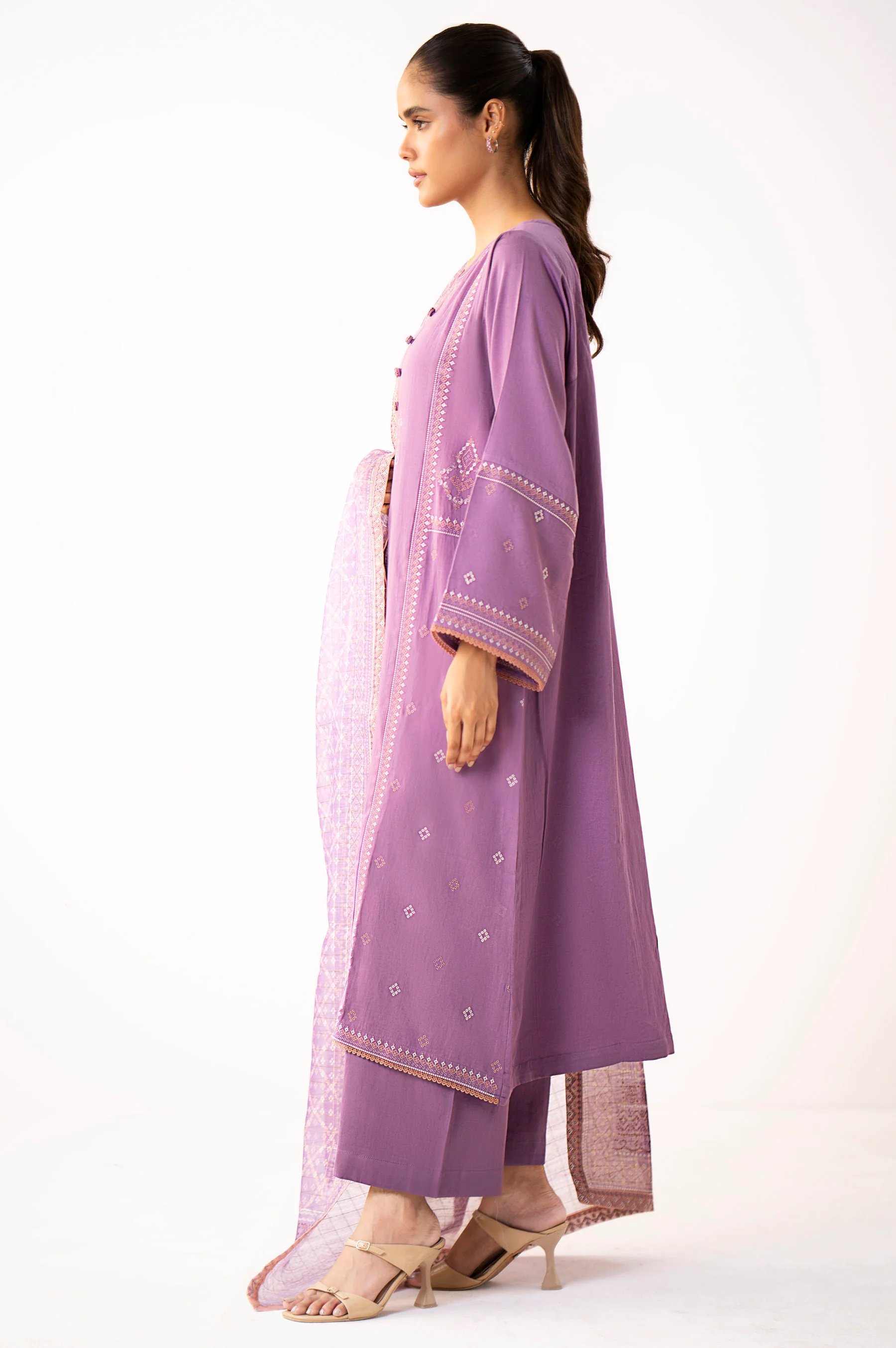 Unstitched 3 Piece Embroidered Cotton Satin Suit - Image 5