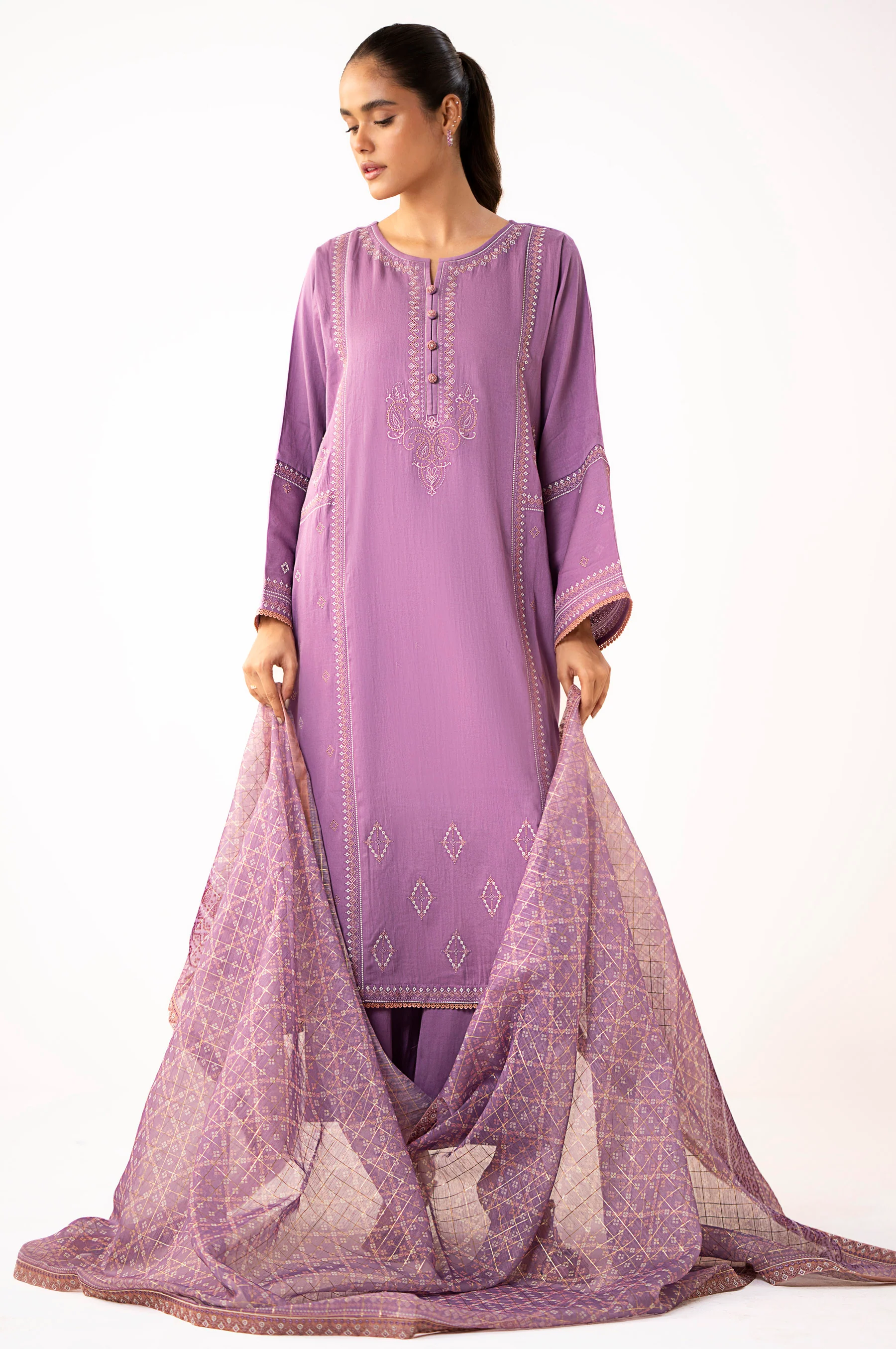 Unstitched 3 Piece Embroidered Cotton Satin Suit - Image 6