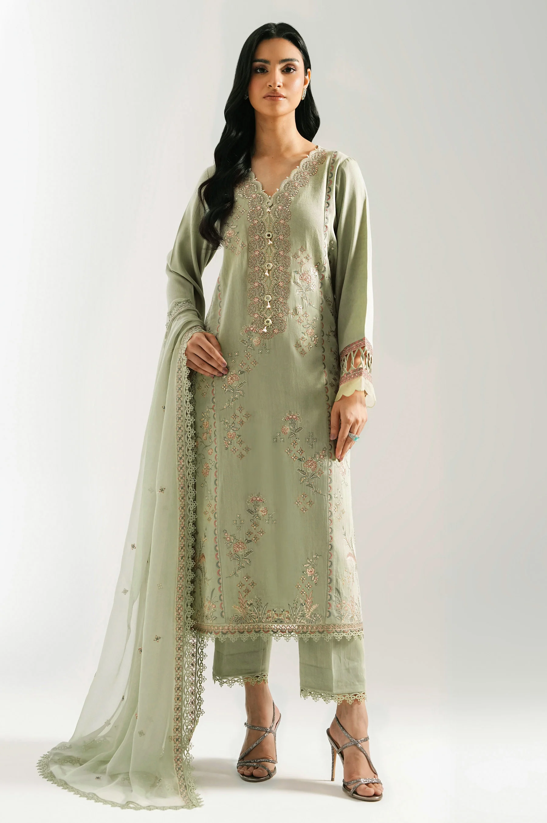 EMBROIDERED COTTON SATIN UNSTITCHED 3 PIECE SUIT - Image 3