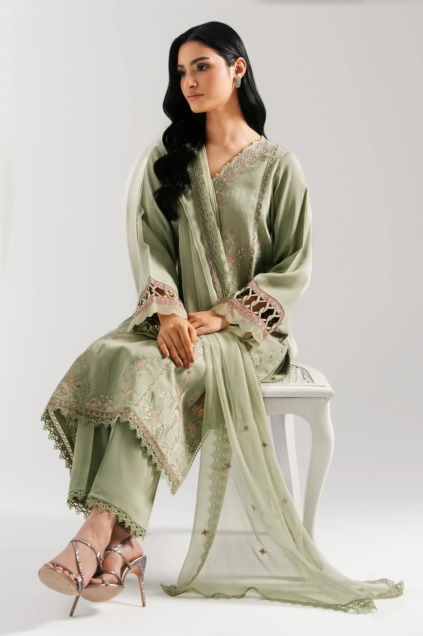 EMBROIDERED COTTON SATIN UNSTITCHED 3 PIECE SUIT - Image 5