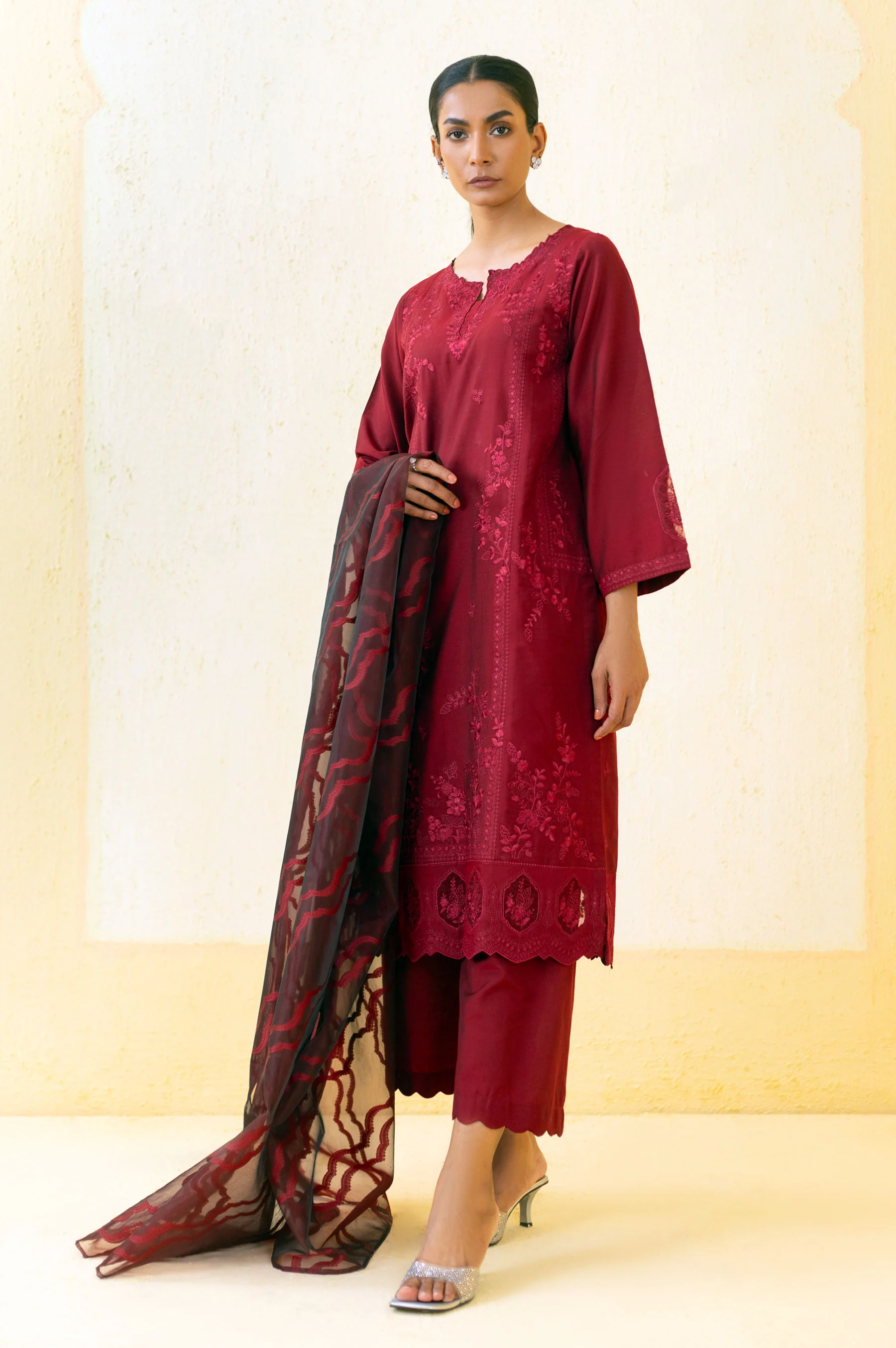 3 Piece Unstitched Embroidered Cotton Silk Suit - Image 2