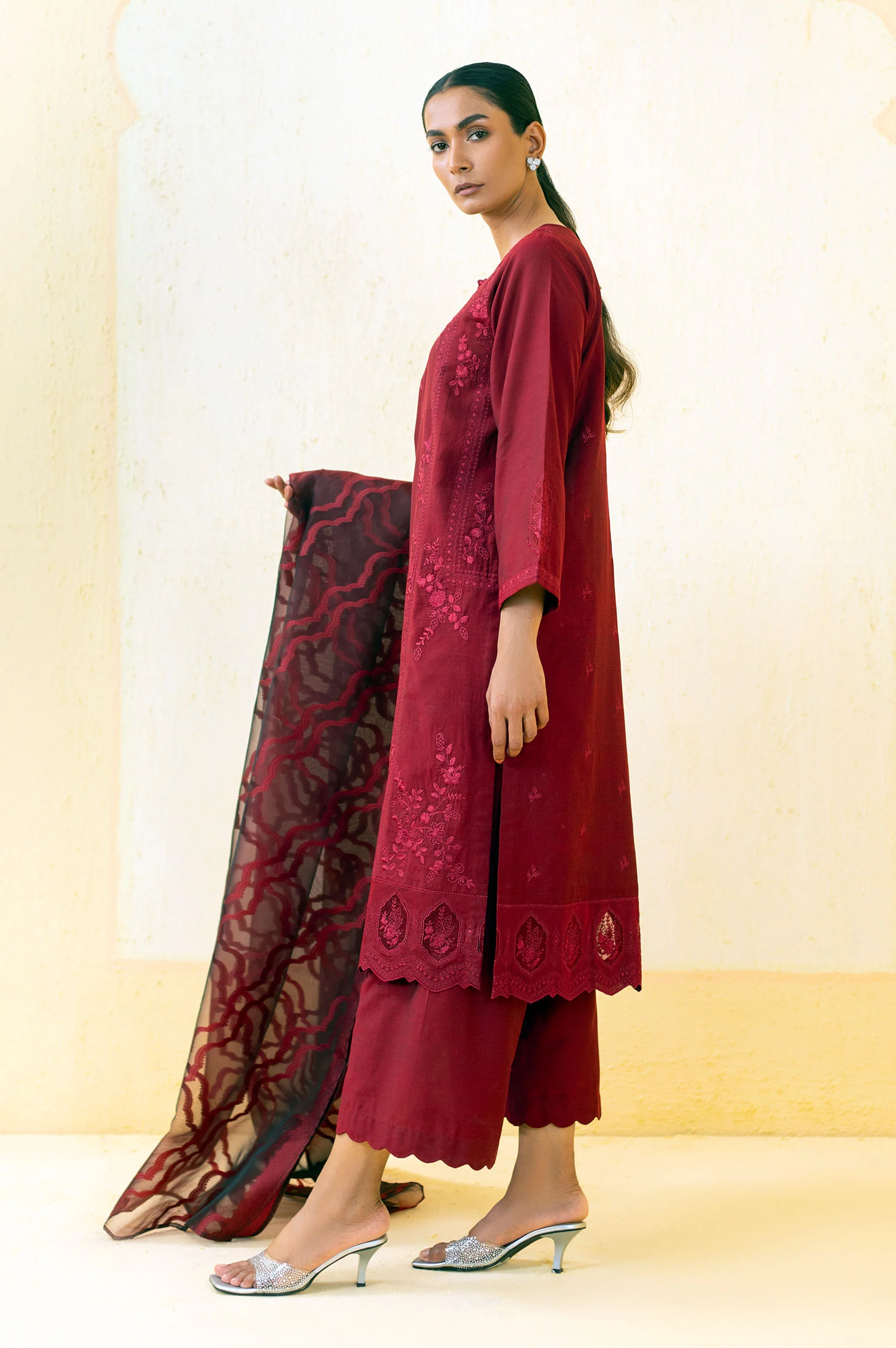 3 Piece Unstitched Embroidered Cotton Silk Suit - Image 5