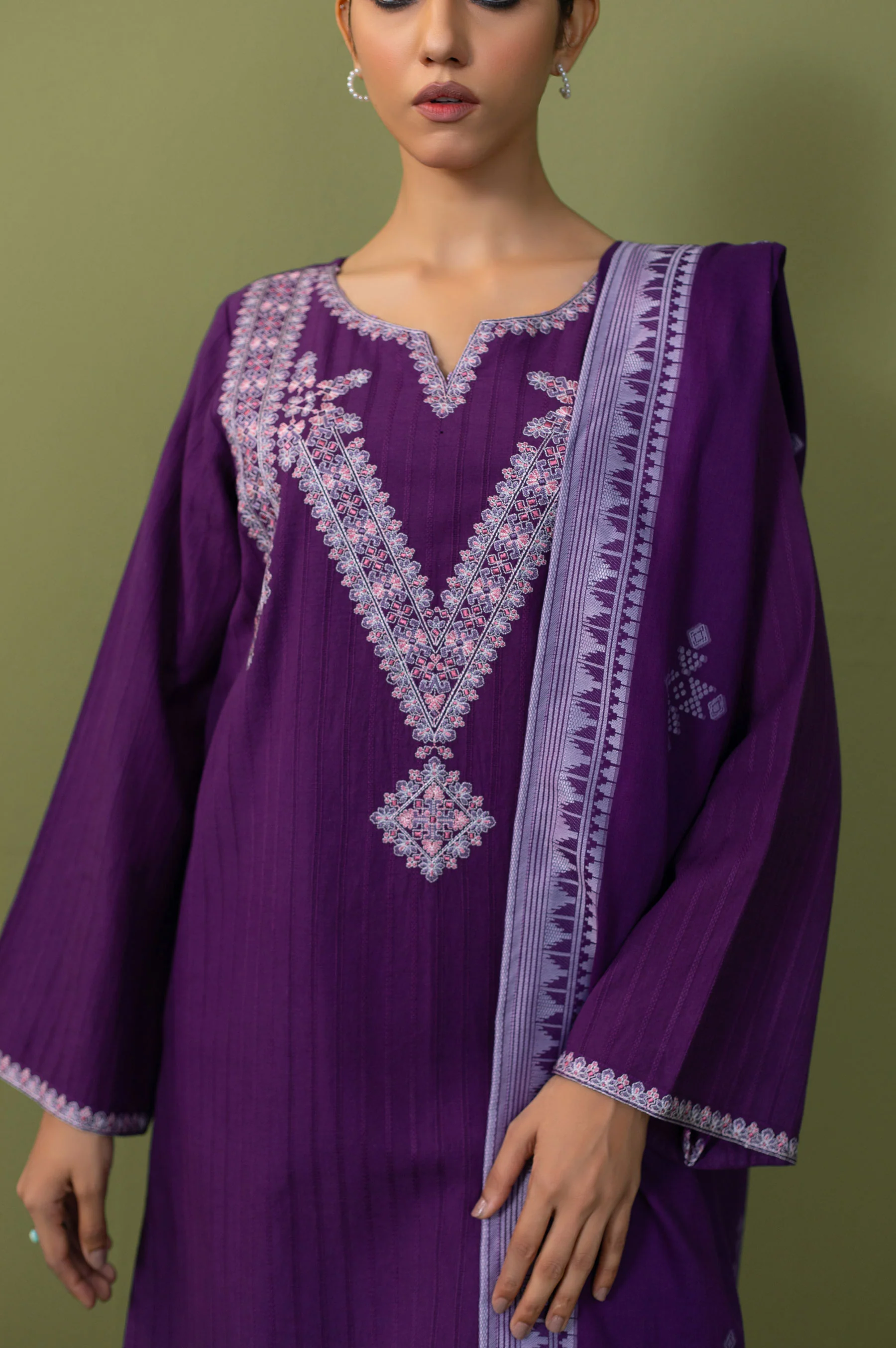 Unstitched 3 Piece Embroidered Dobby Net Suit - Image 5