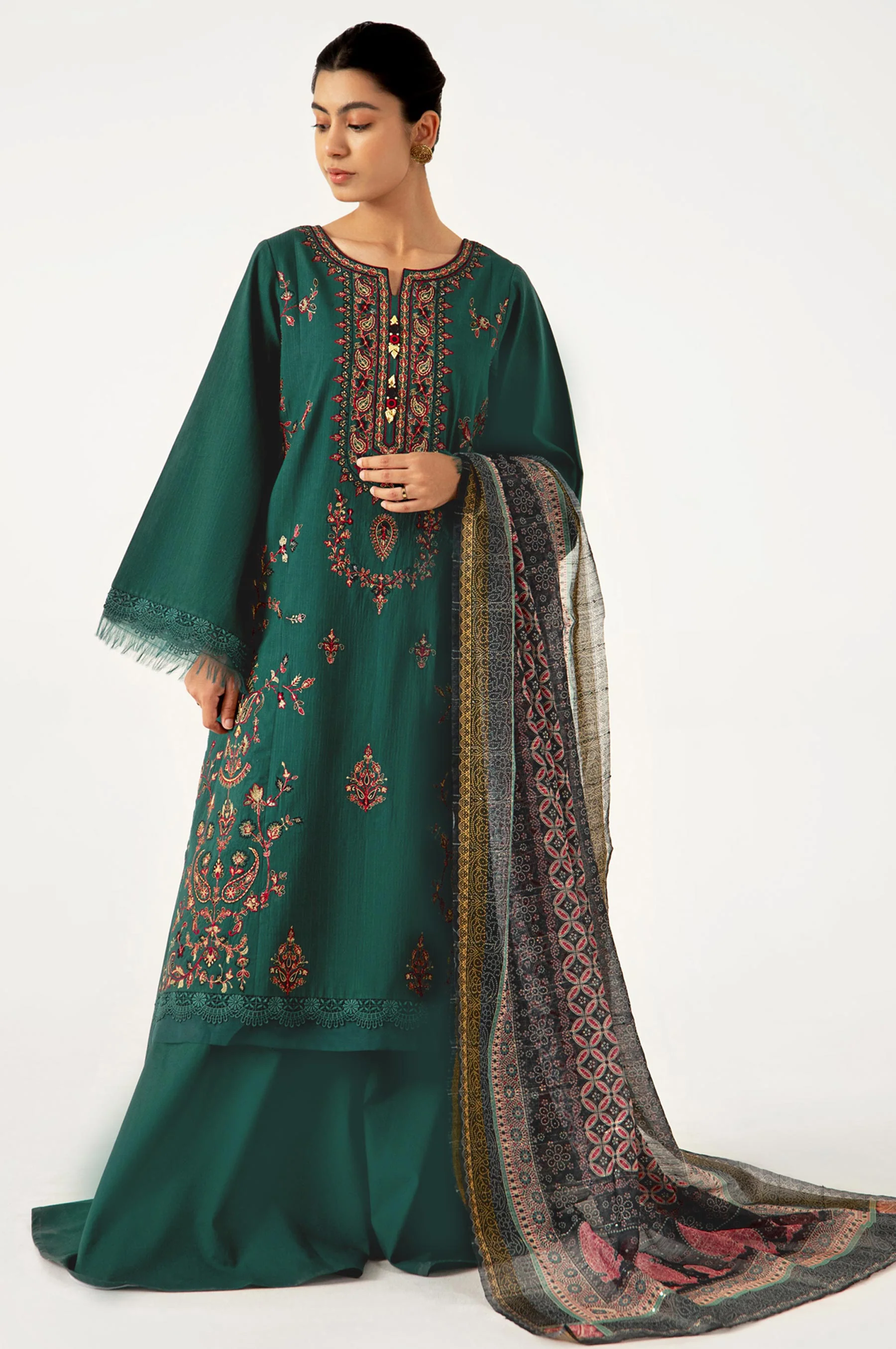 Unstitched 3 Piece Embroidered Doria Lawn Shirt with Sequins Zari Stripes Dupatta