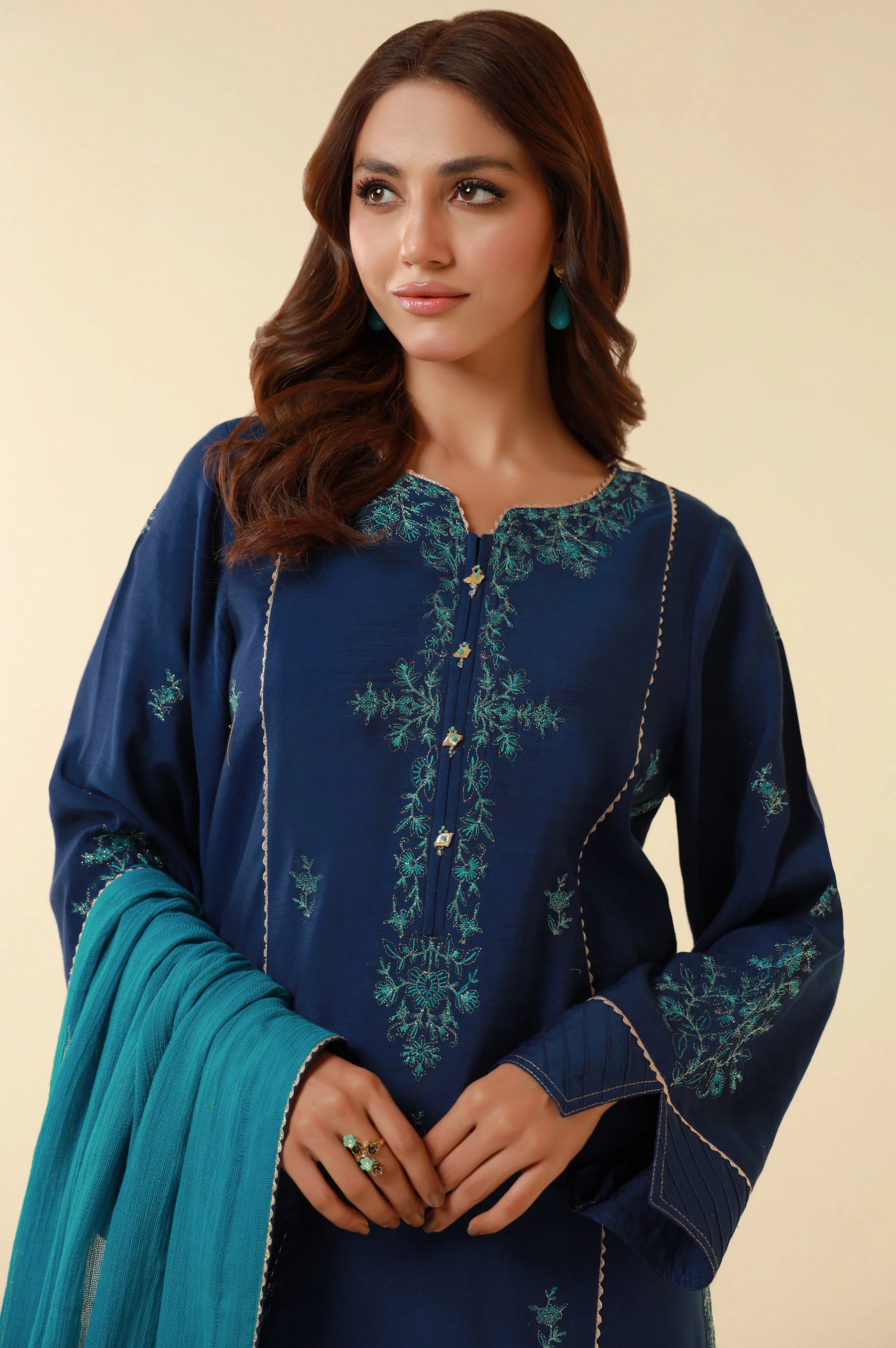 Unstitched 3 Piece Embroidered Dull Raw Silk Suit - Image 2