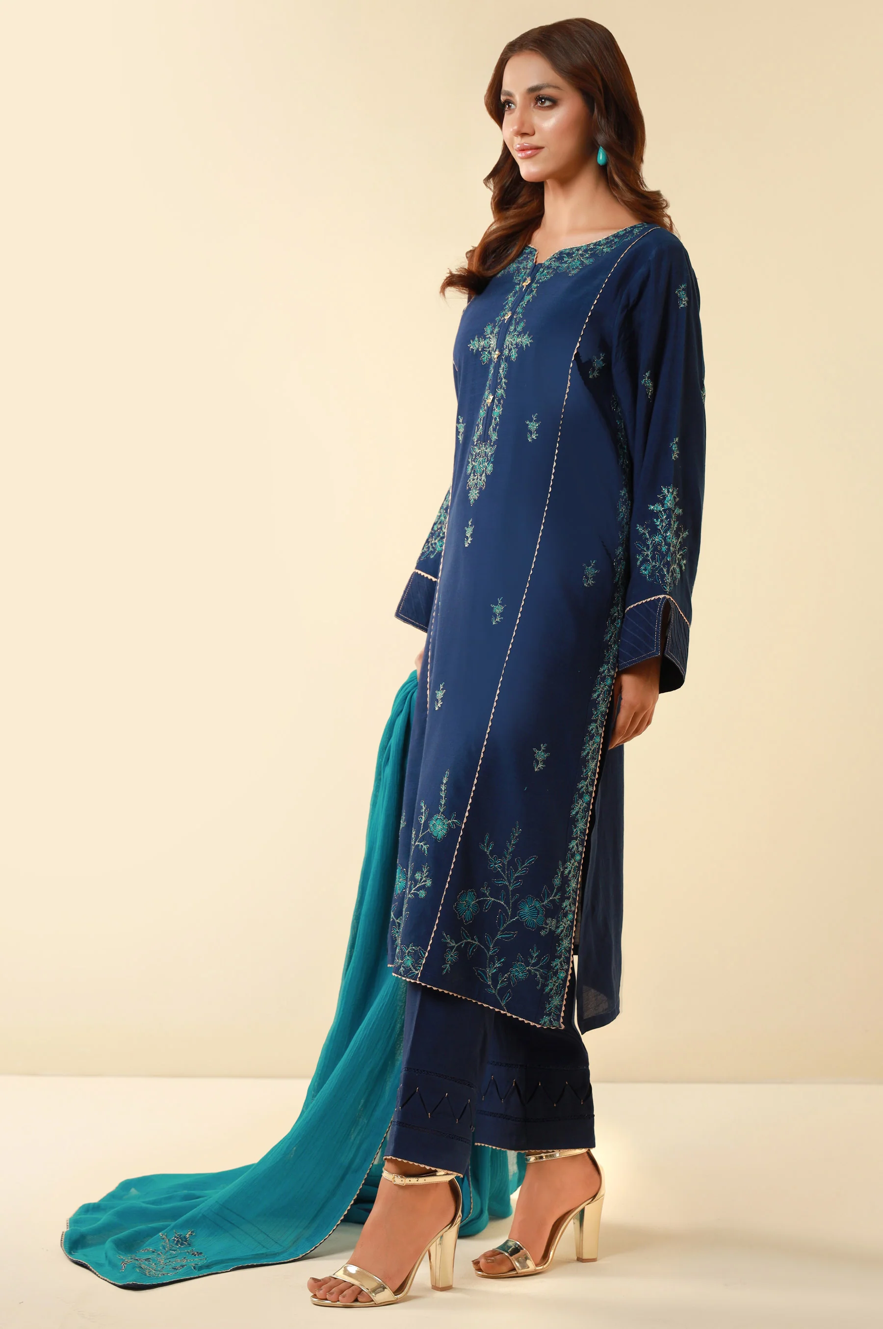 Unstitched 3 Piece Embroidered Dull Raw Silk Suit - Image 3