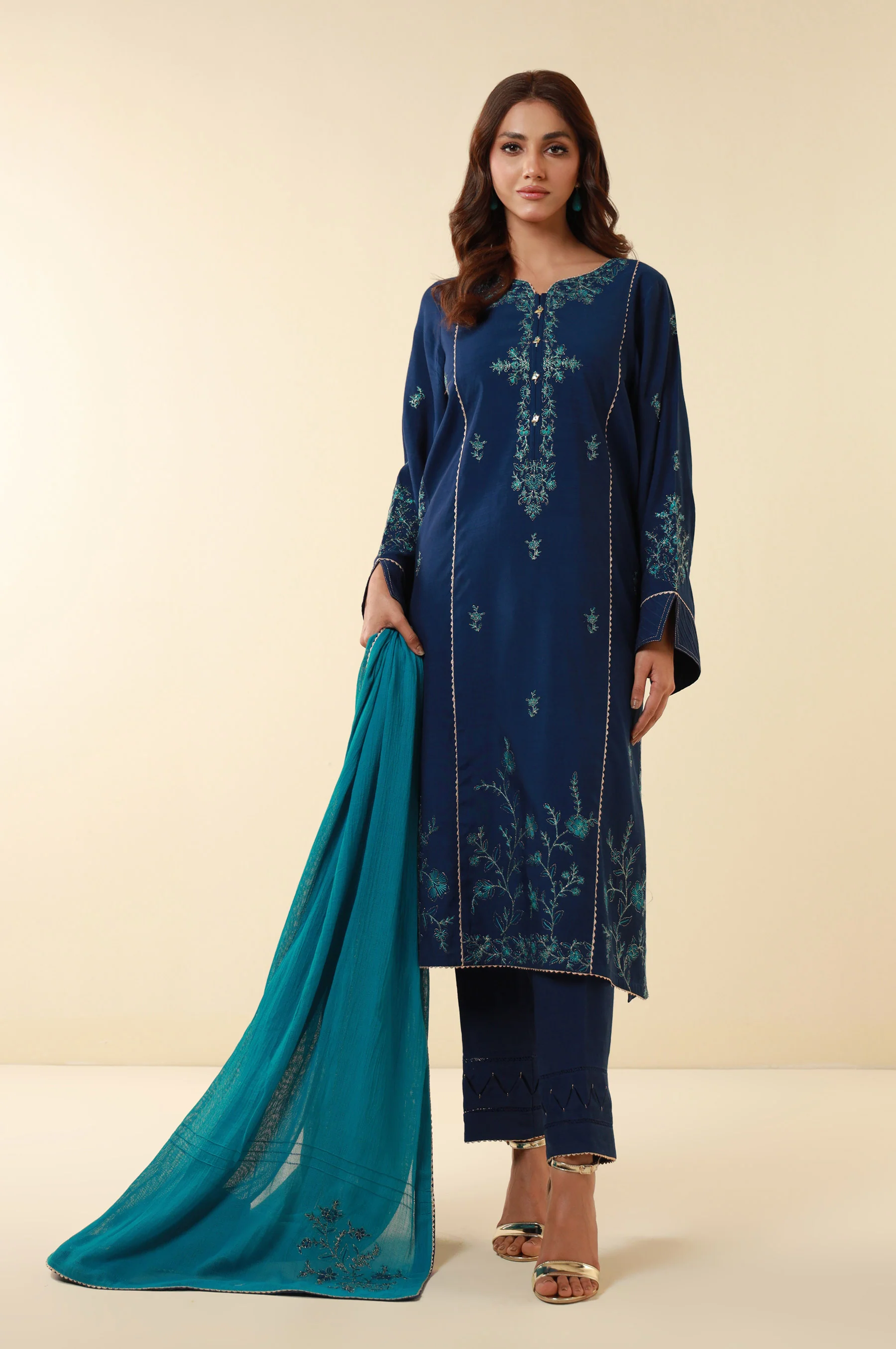 Unstitched 3 Piece Embroidered Dull Raw Silk Suit - Image 5