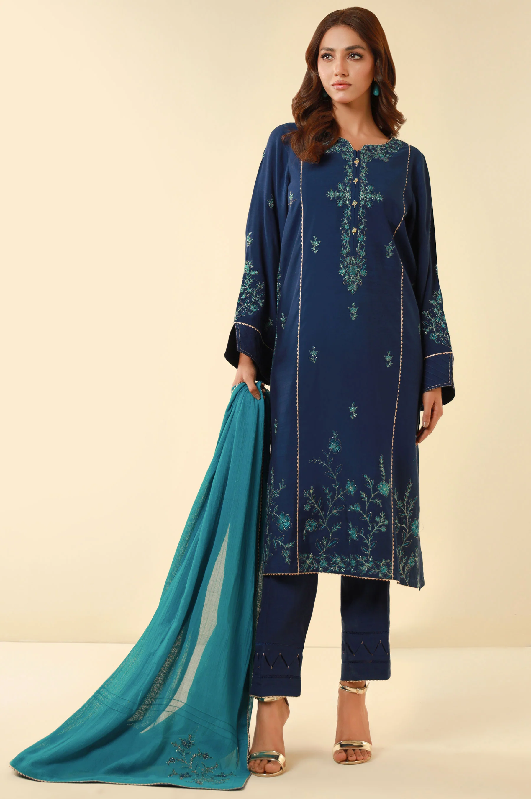 Unstitched 3 Piece Embroidered Dull Raw Silk Suit - Image 7