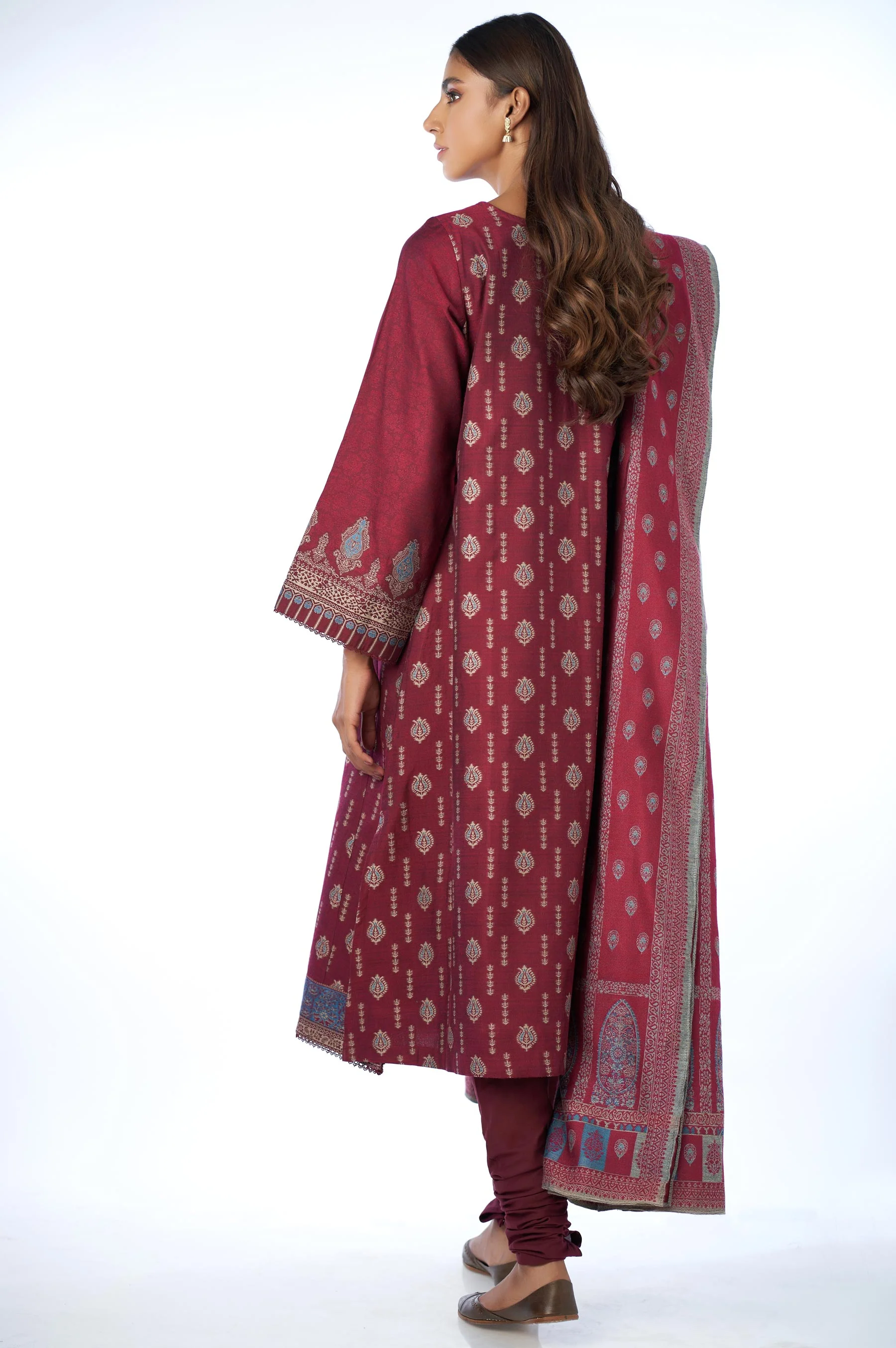 Unstitched 3 Piece Embroidered Jacquard Suit with Yarn Dyed Shawl - Image 2