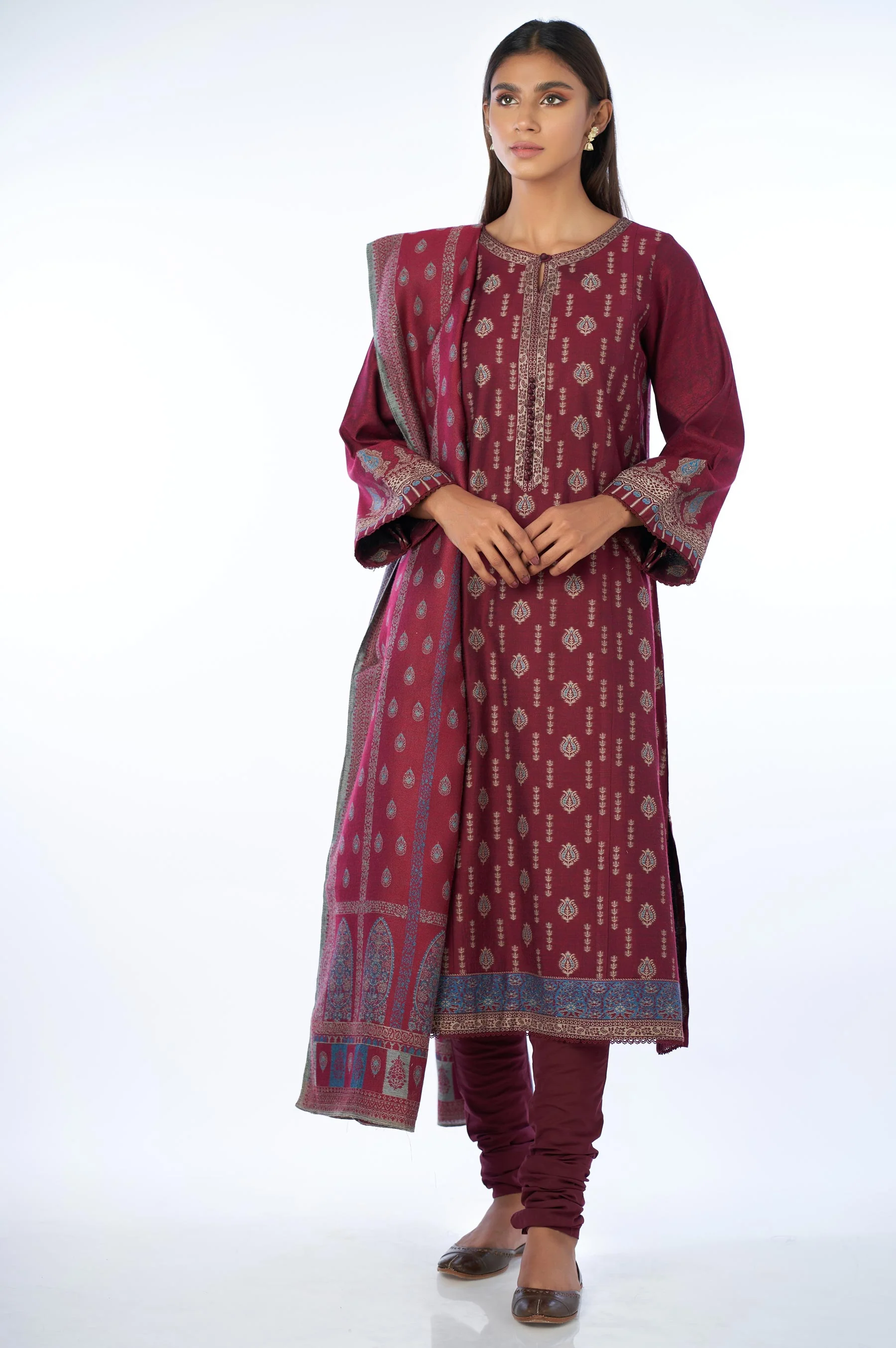 Unstitched 3 Piece Embroidered Jacquard Suit with Yarn Dyed Shawl - Image 4