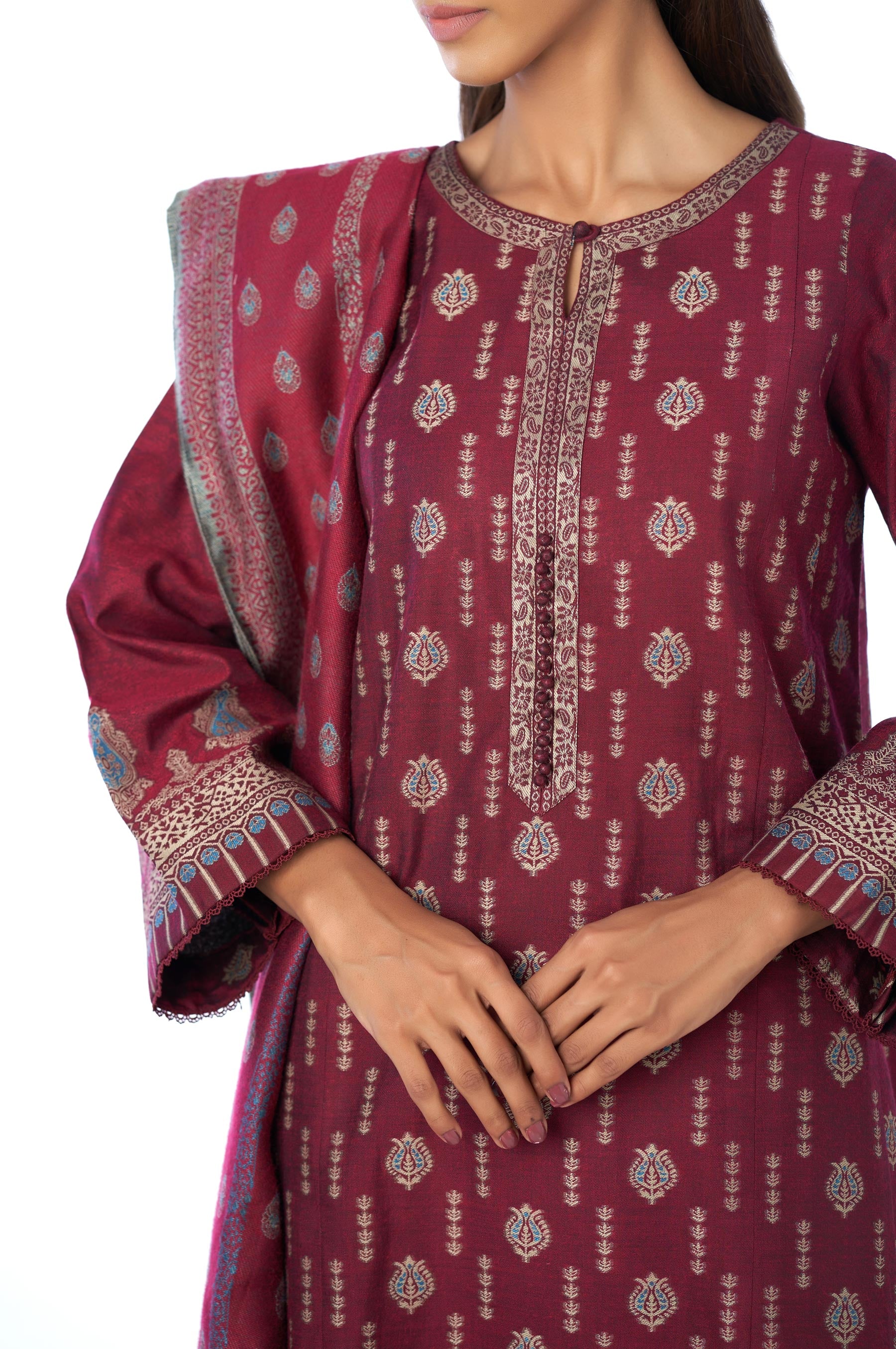 Unstitched 3 Piece Embroidered Jacquard Suit with Yarn Dyed Shawl - Image 5