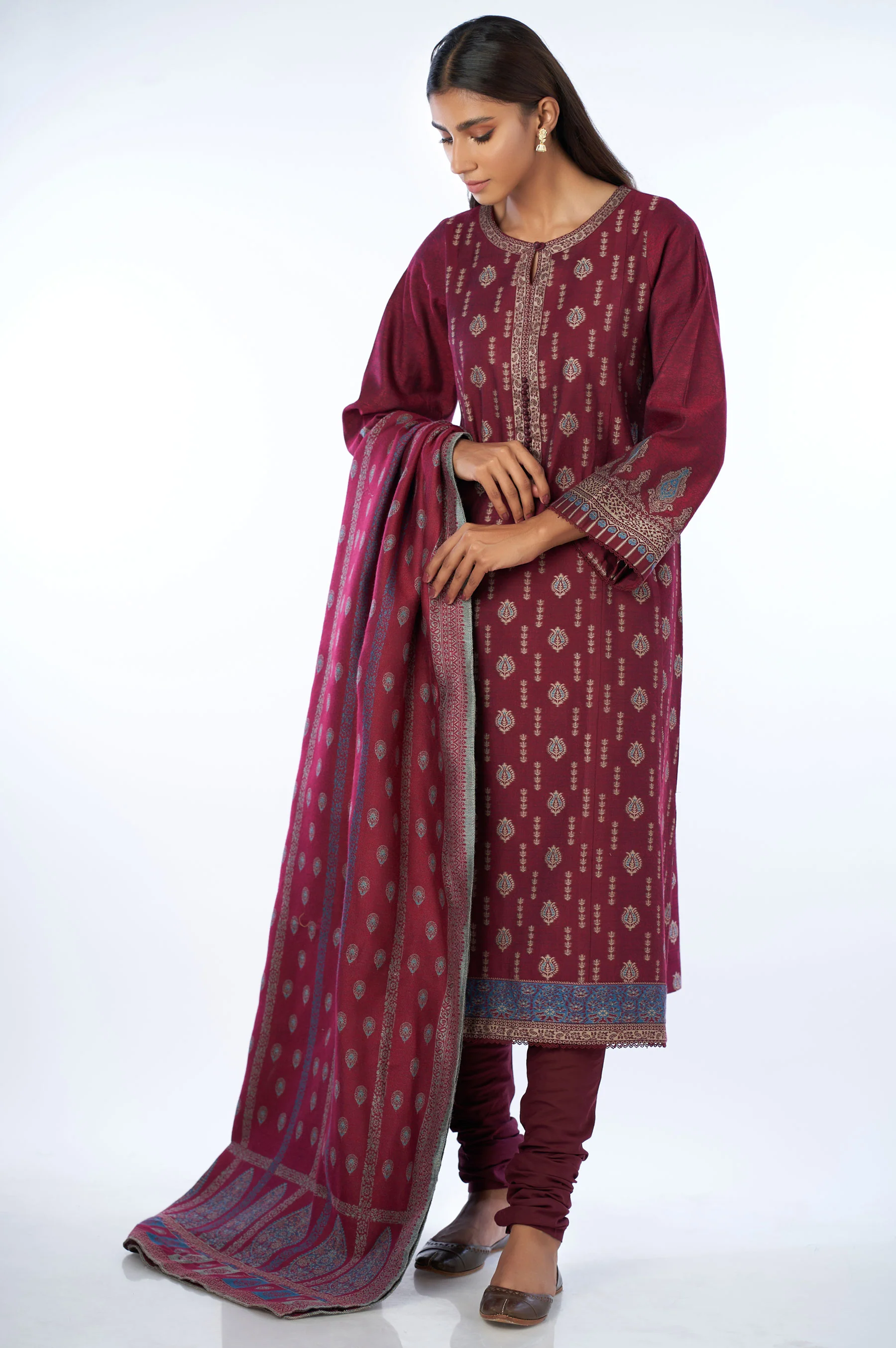 Unstitched 3 Piece Embroidered Jacquard Suit with Yarn Dyed Shawl - Image 6