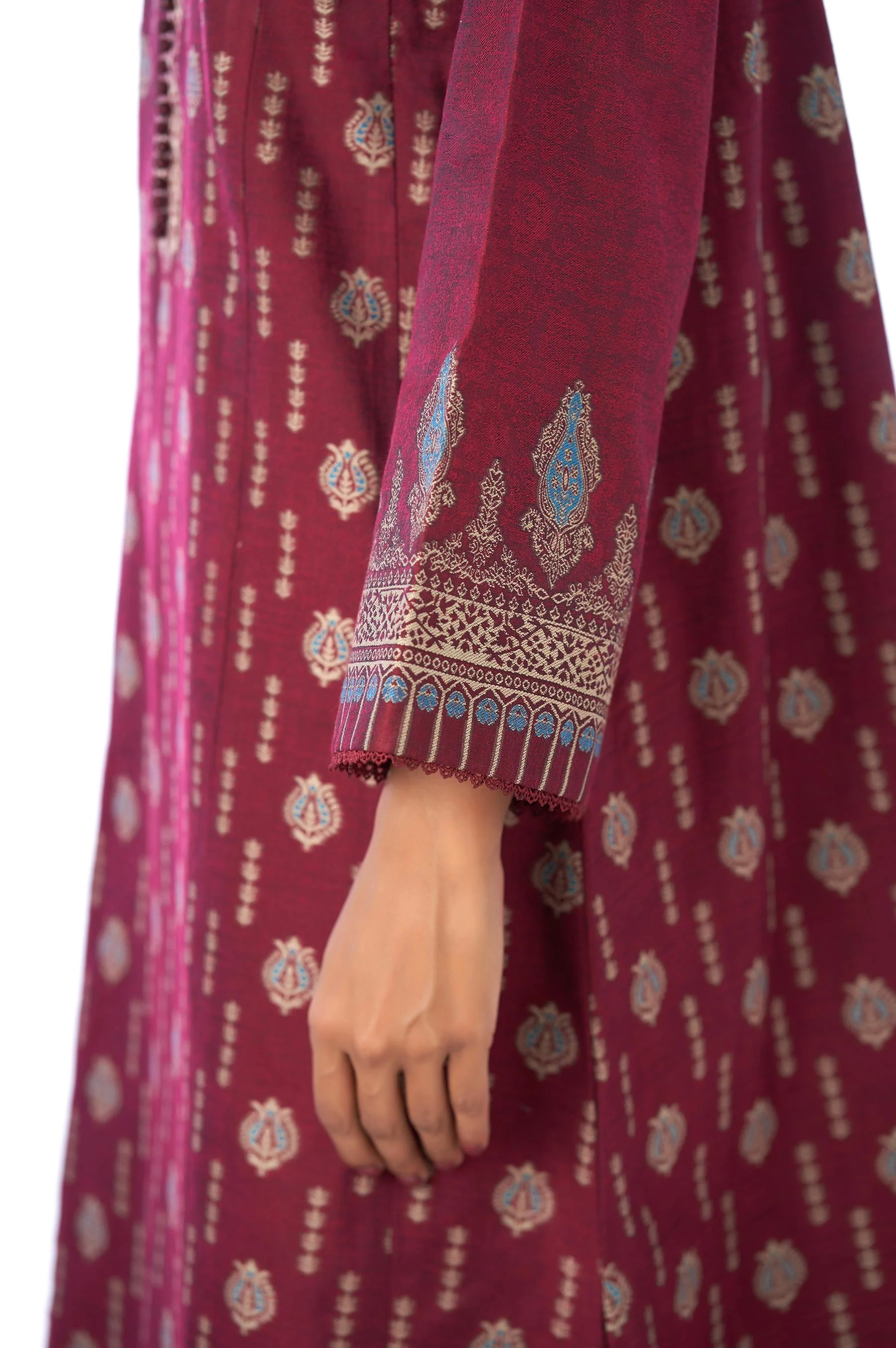 Unstitched 3 Piece Embroidered Jacquard Suit with Yarn Dyed Shawl - Image 7
